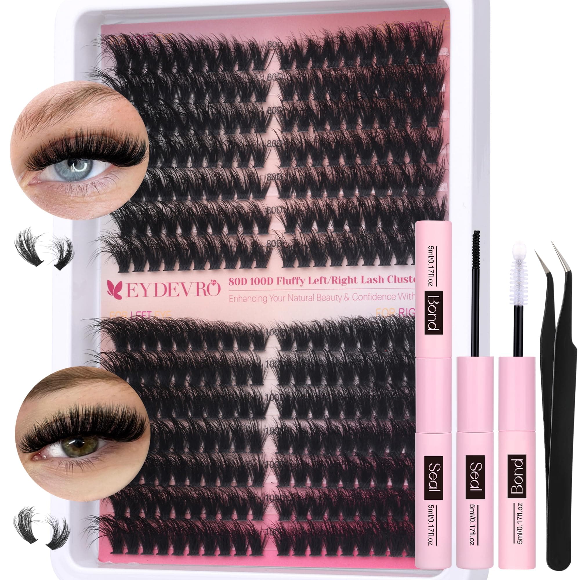 EYDEVRO Fluffy Lash Clusters Kit 80D100D Volume Lash Extension Kit 280 Pcs Left/Right Cluster Eyelash Extension Kit D Curl Thick Mega Lash Clusters with Waterproof Lash Bond and Seal and Lash Tweezers