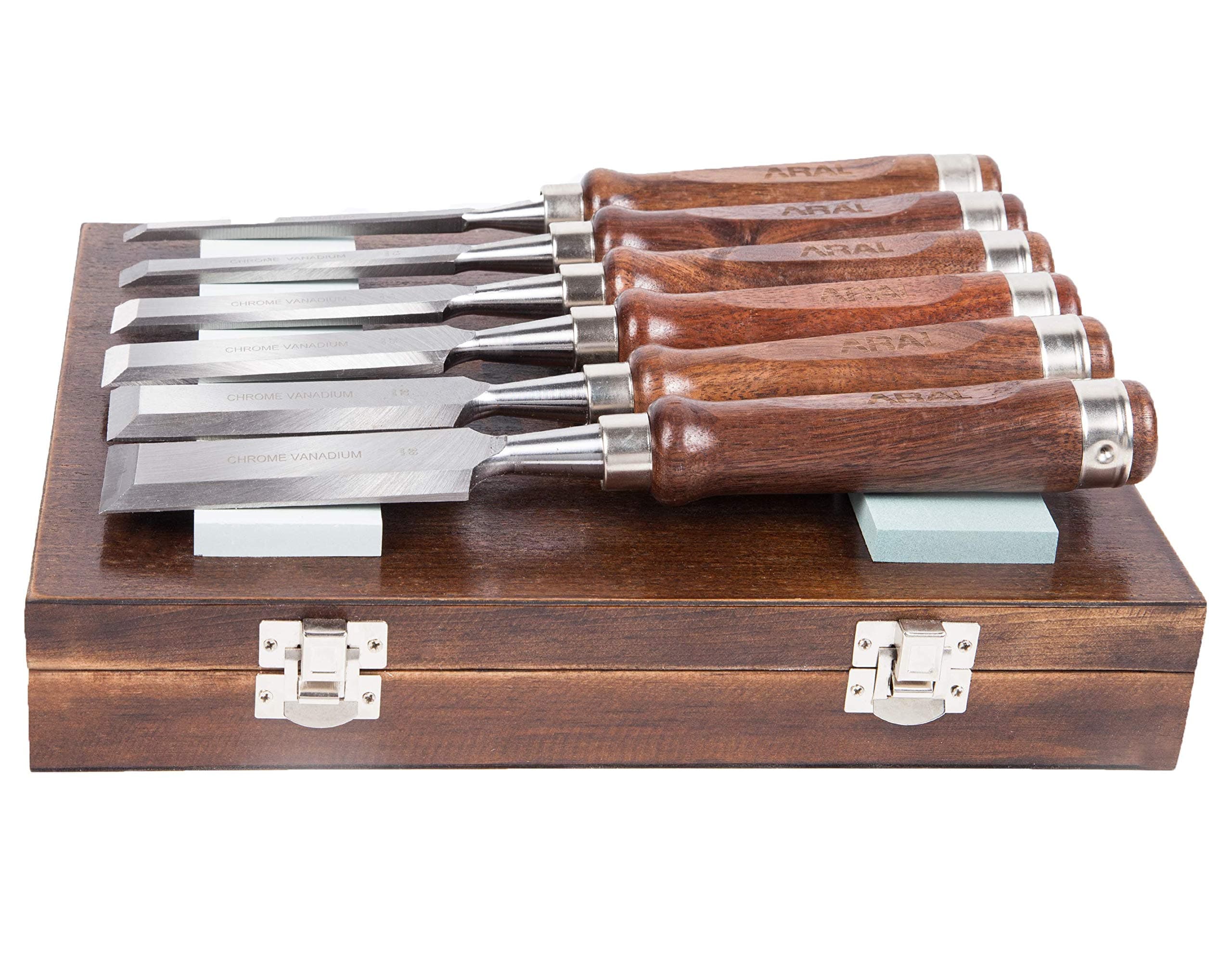 Aral 8 pcs wood chisel set, walnut handle and Vanadium steel blade, 6mm, 13mm, 19mm, 25mm, 32mm, 38mm and 2 sharpening stones, presentation in wood box