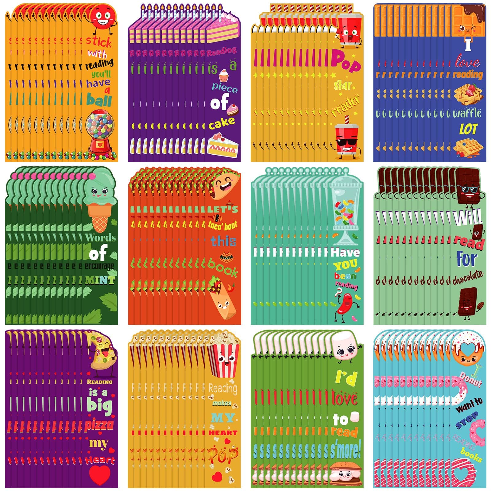 Scented Bookmarks Fruit Scratch and Sniff Bookmarks Fun Book Marks Classroom Bookmarks Colorful Chocolate Popcorn Donut Dessert Bookmarks for Kids Teenagers School Office Home, 12 Styles (144 Pieces)