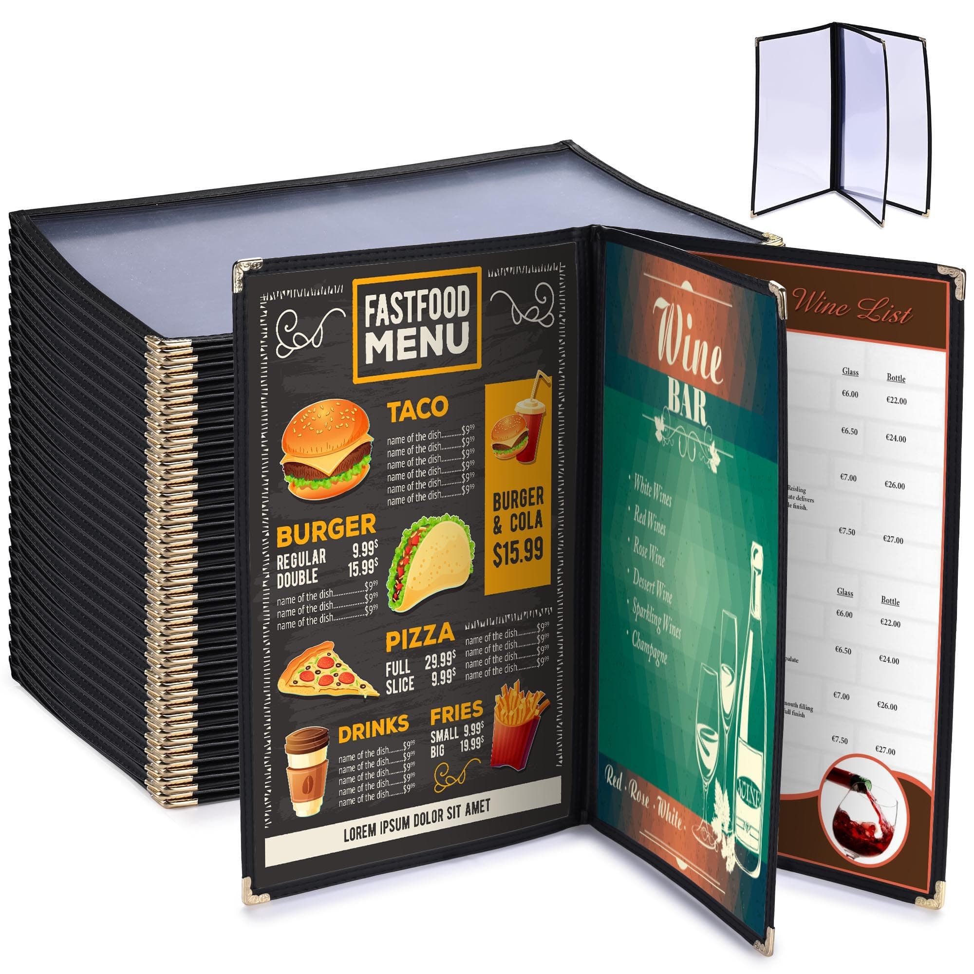 WeChef 30 Pack Restaurant Menu Covers 8.5 x 14" Book Style 3 Pages 6 Views PVC Transparent Restaurant Menu Holder Book Cafe Hotel Bar Black