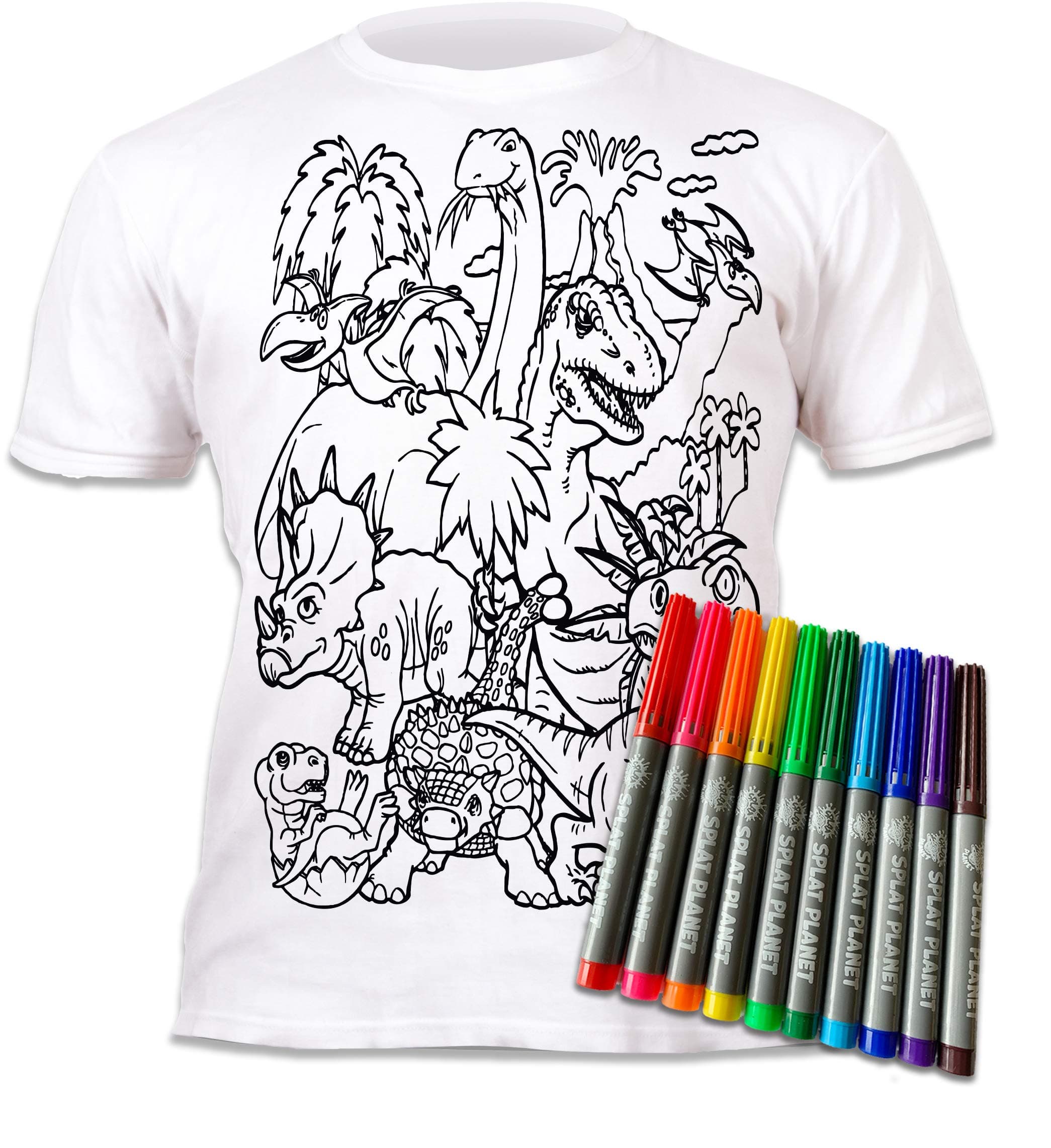 Colour-in Dinosaur T-Shirt with 10 Washable Magic Pens - Colour Your own, Colour-in and Wash Out T Shirt