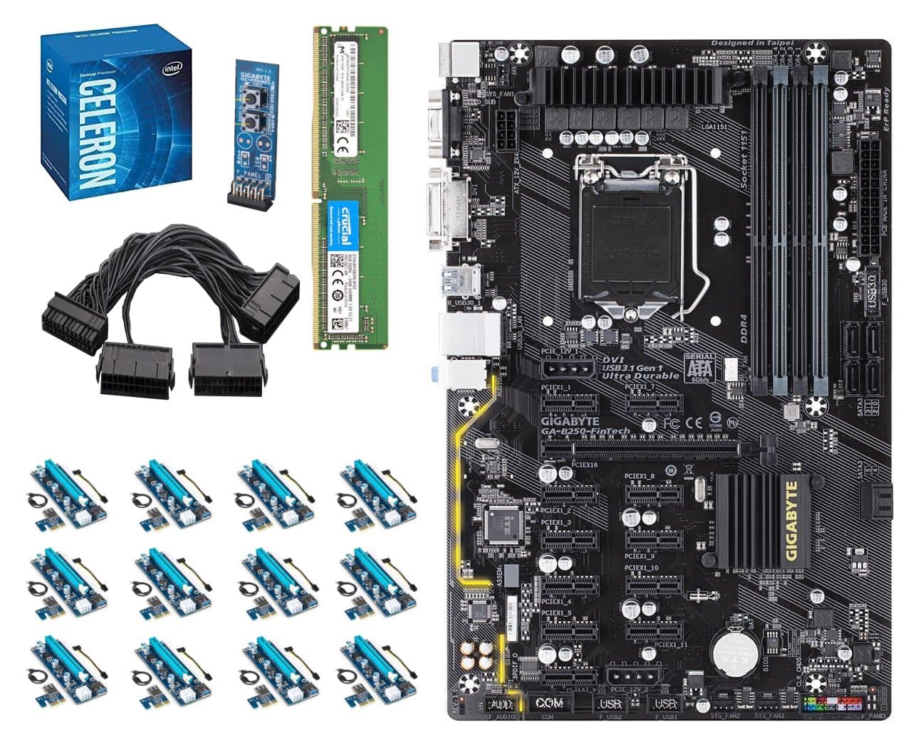 B250 GPU CryptoCurrency Mining Essential Barebone for 12 AMD/Nvidia GPU Includes CPU, Motherboard, 4GB DDR4 Memory, 12 PCI-E Risers - Intel G3900 Gigabyte B250 ETH Ethereum, Power Switch, PSU Adapter