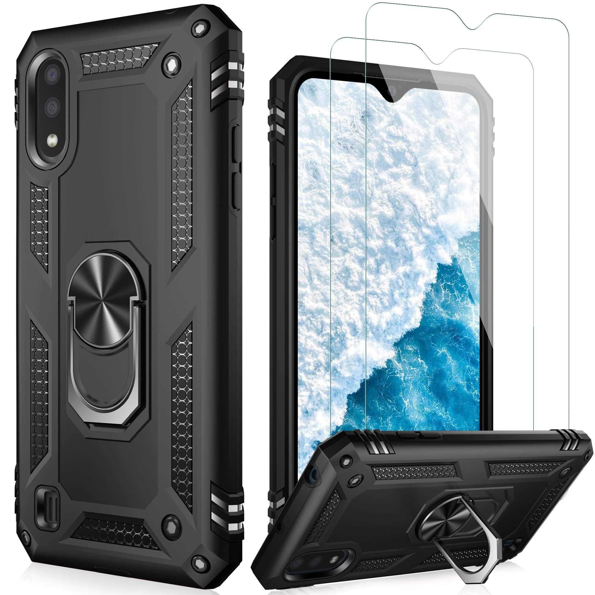 LUMARKE Galaxy A01 Case with Glass Screen Protector(2 Pack),Pass 16ft Drop Test Military Grade Heavy Duty Cover with Magnetic Kickstand,Protective Phone Case for Samsung Galaxy A01 Black