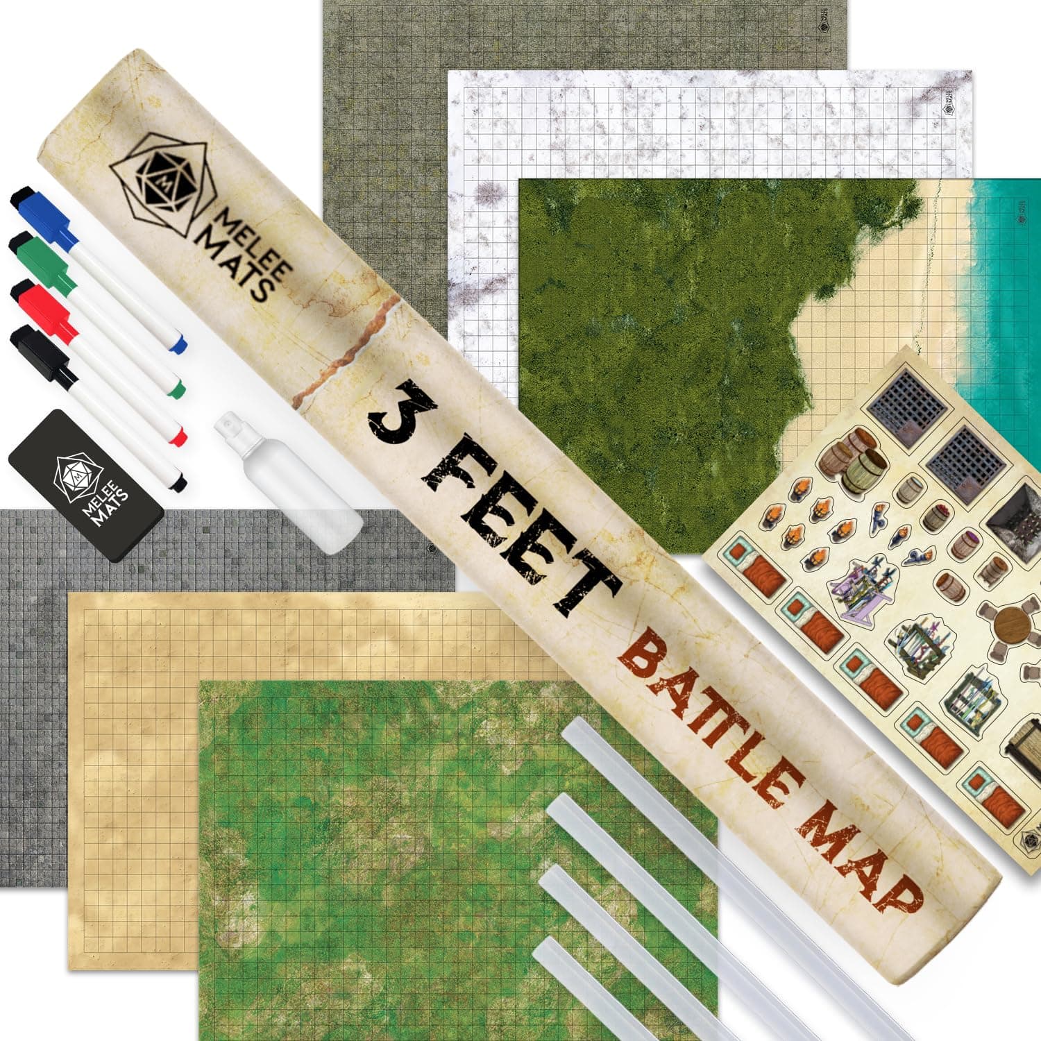 DND Map Starter Set for Dungeons and Dragons - 24” x 36" 3 Pack Double Sided, Wet & Dry Erase Battle Terrain Grid - Tabletop Board Gaming Kit with Accessories