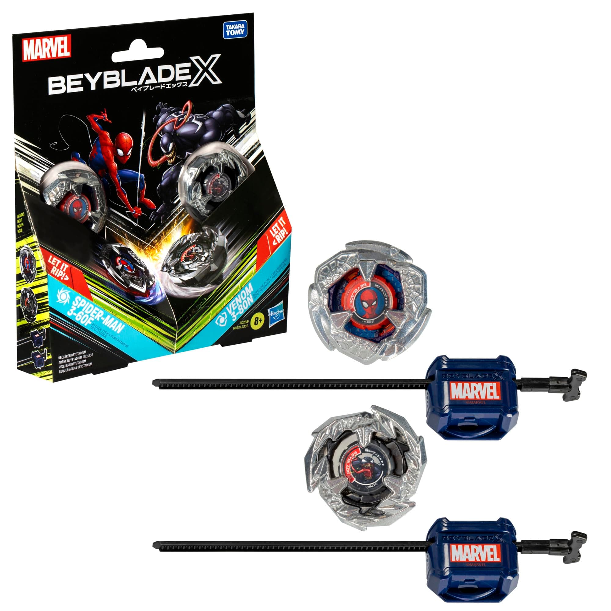 X Marvel Collab Spider-Man 3-60F vs. Venom 3-80N Multipack Set, Includes 2 Right-Spin Tops & Launchers, Spinning Toys for Kids 8+, Boys and Girls