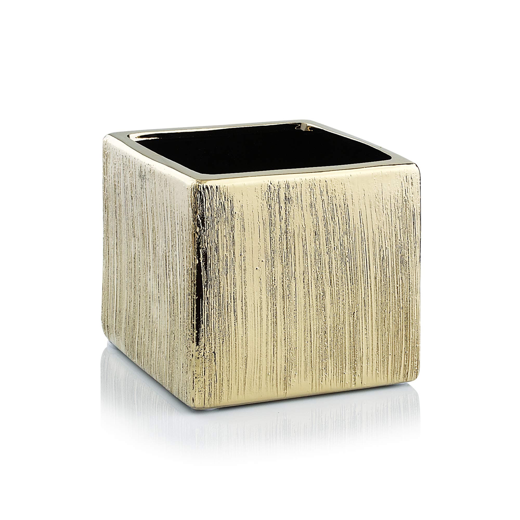 WGVI WGV Ceramic Cube Vase Width 5.5" Height 5" (Fits 5" Pot) Elegant Modern Block Square Floral Planter Terrarium Container Table Dresser for Event Accent Home Office Decor Gold Textured 1 Piece