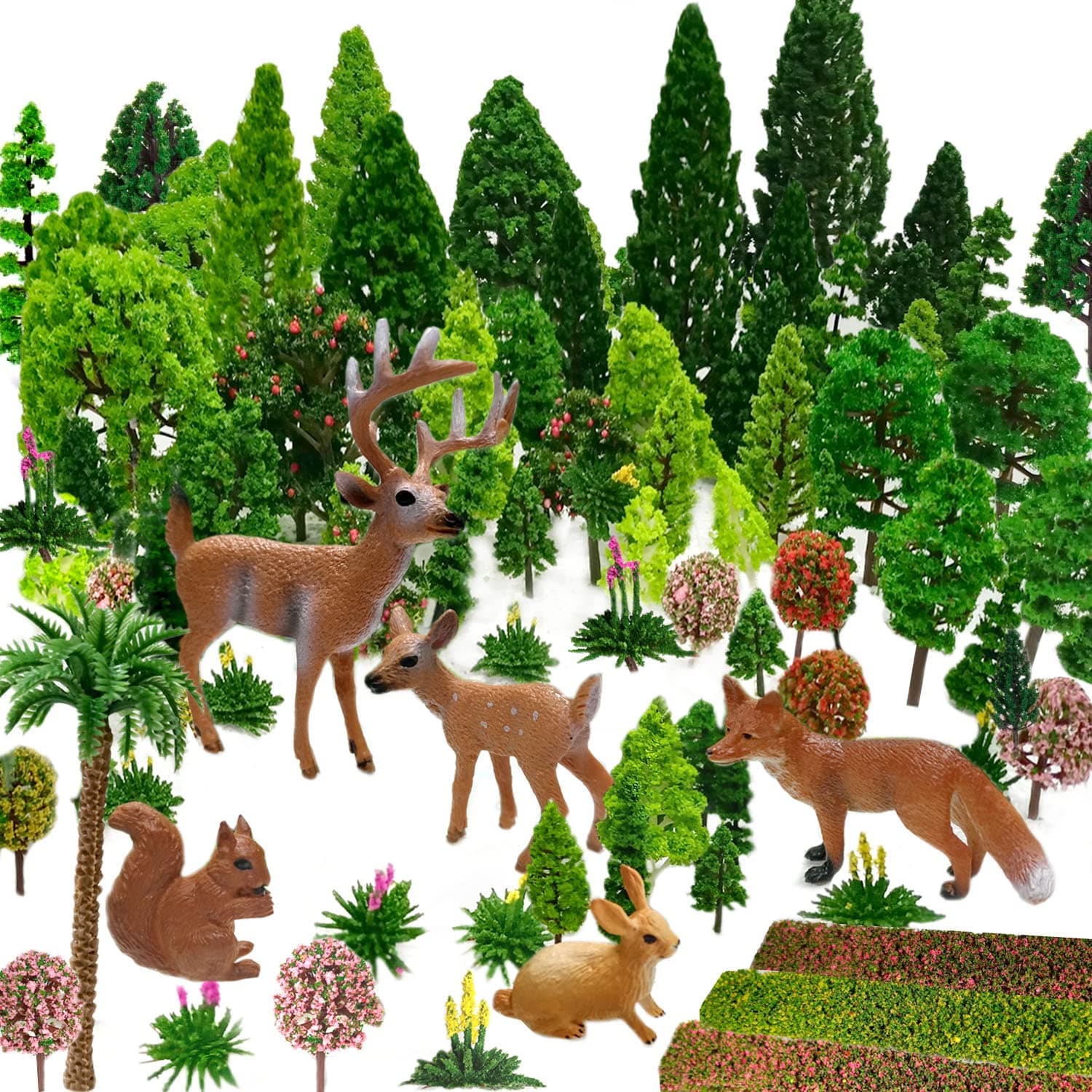 Mixed Model Trees, 70pcs, 1.5-6 inch(4-16 cm), Ho Scale Bushes with Animals Figures, Plastic Trees for Projects, Model Train Scenery