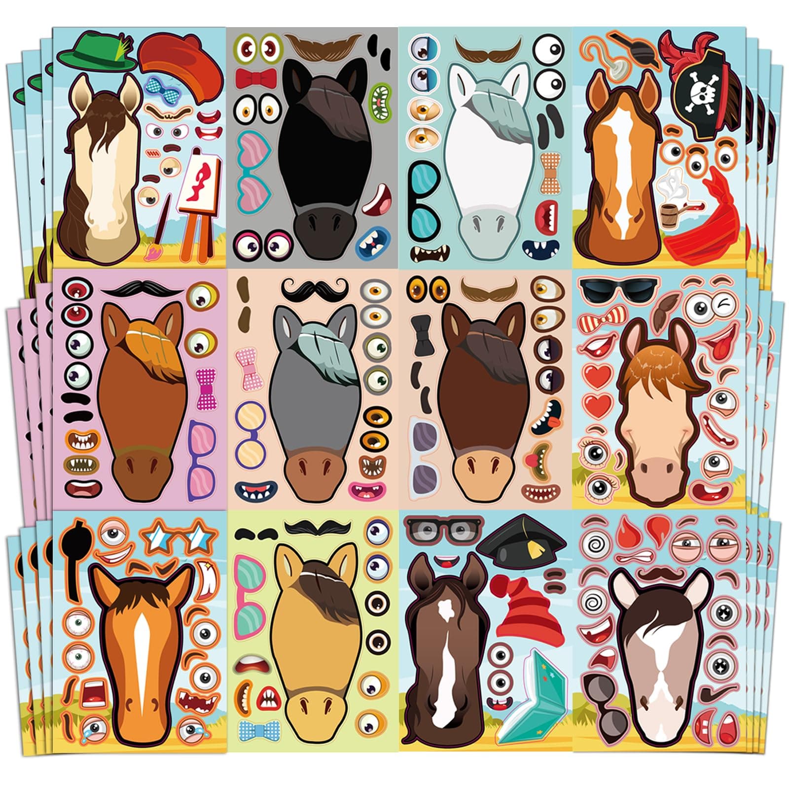 Aowplc 48 Pcs Make A Horse Sticker Sheets Mix and Match for Kids Horse Party Favors Supplies Birthday Gifts Activity Crafts