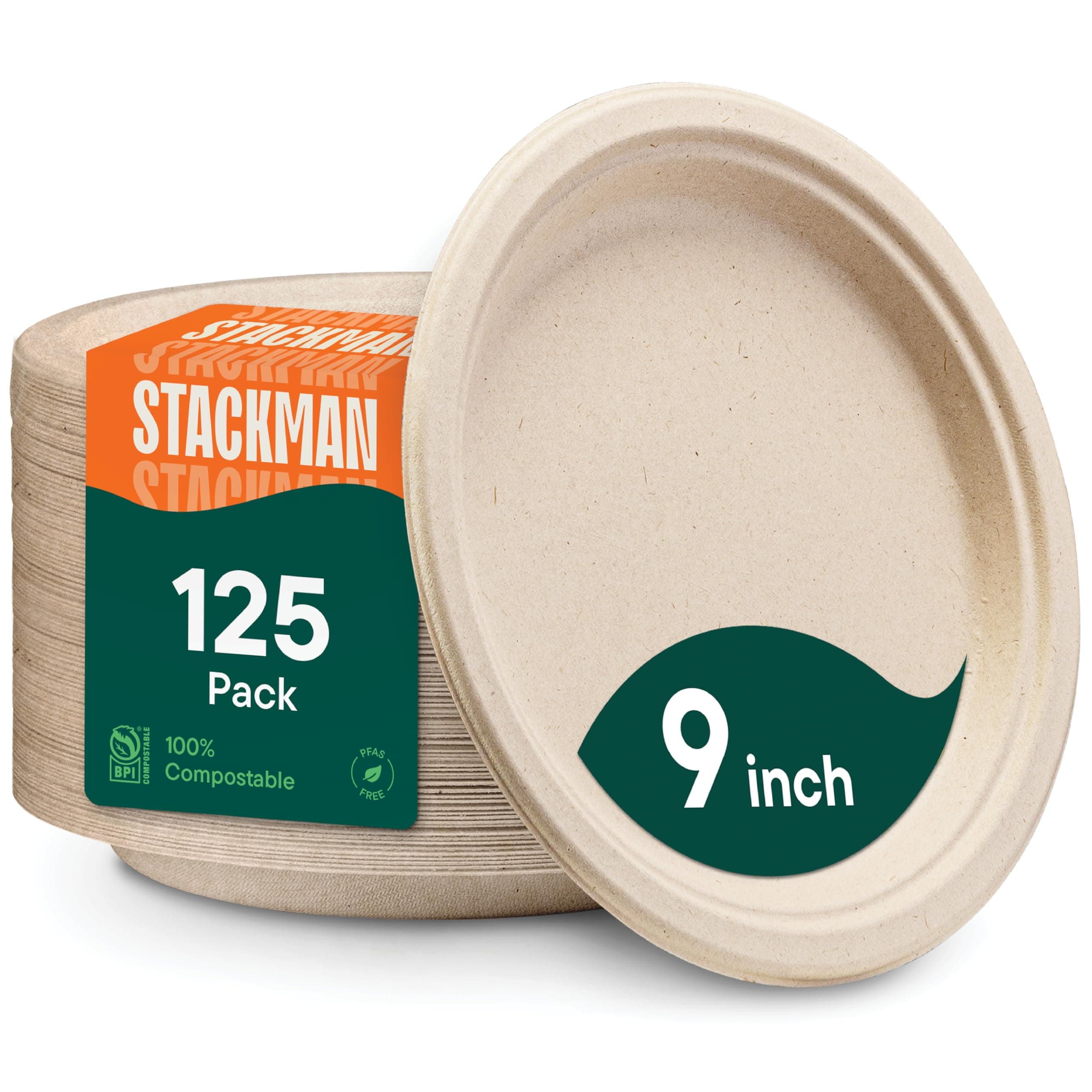 Stack Man 100% Compostable 9" Paper Plates [125-Pack] Heavy-Duty Quality Natural Disposable Bagasse, Eco-Friendly Made of Sugar Cane Fibers, 9 inch, Brown