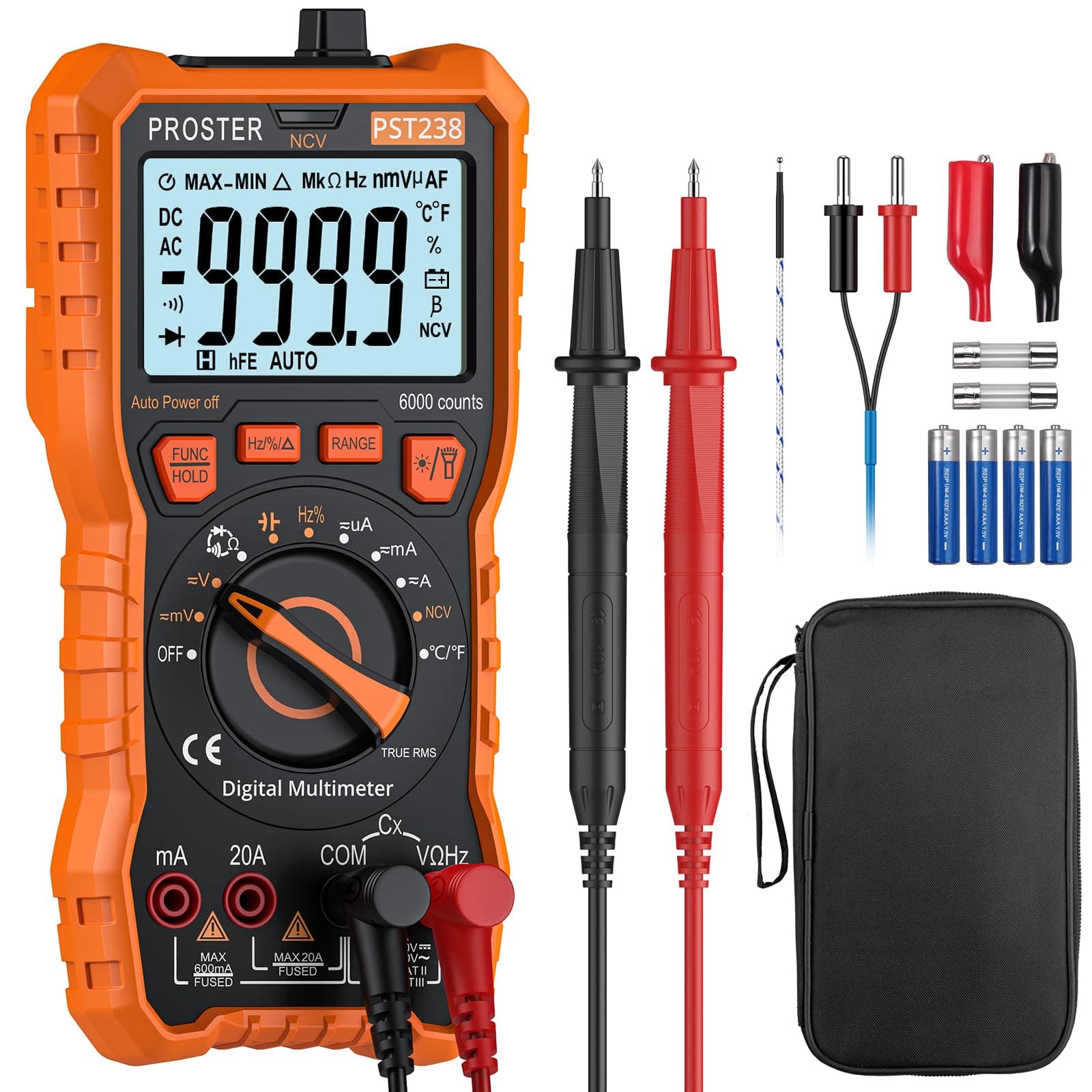 Multimeter TRMS 6000 Counts Auto Manual Range Multimeter Tester with DC/AC Voltage DC/AC Current NCV Detector Temperature Capacitance Resistance Diode Continuity Tester with Cloth Bag
