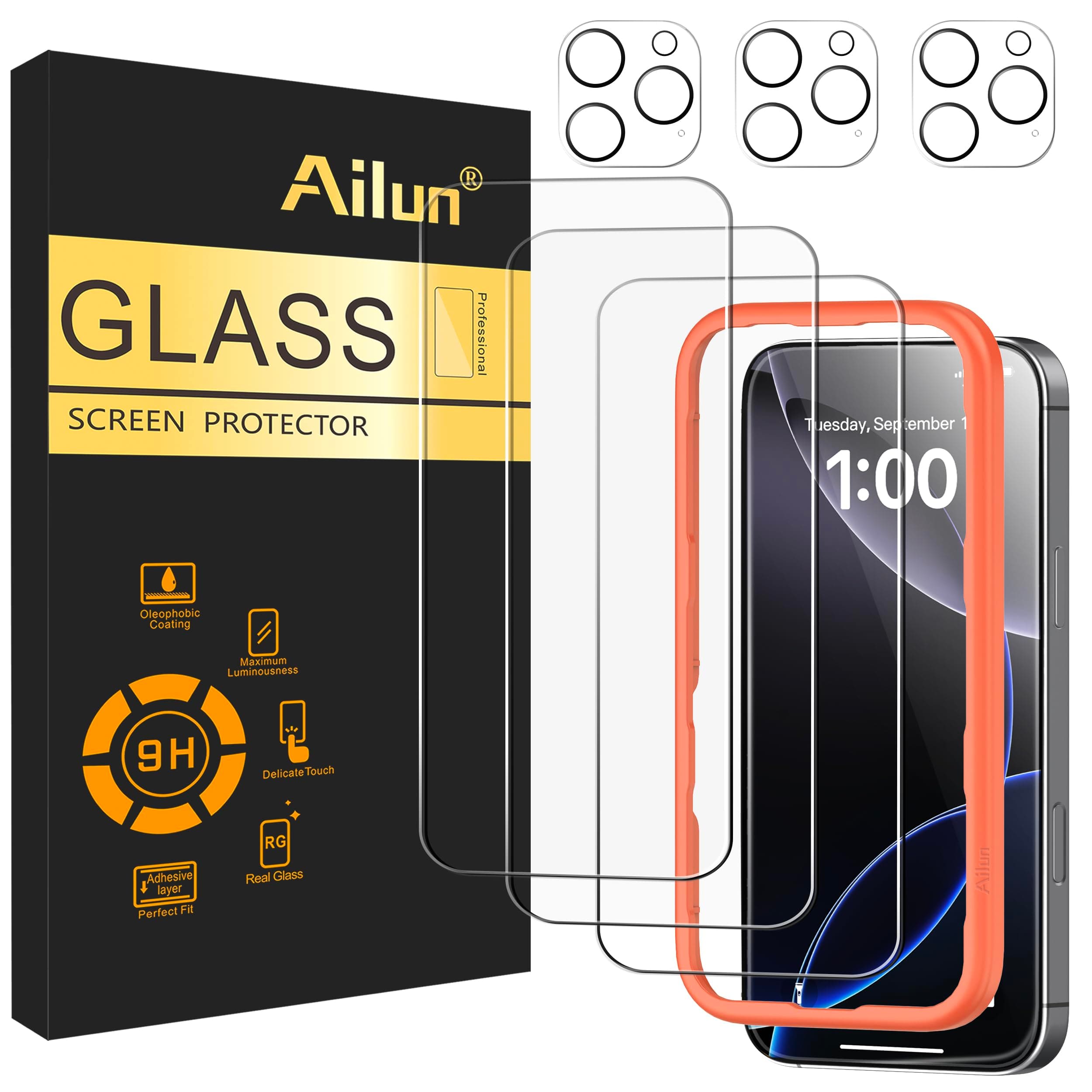 Ailun 3 Pack Screen Protector for iPhone 16 Pro Max [6.9 inch] + 3 Pack Camera Lens Protector with Installation Frame,Case Friendly Tempered Glass Film[9H Hardness][Not for iPhone 16e/16/16 Pro/Plus]