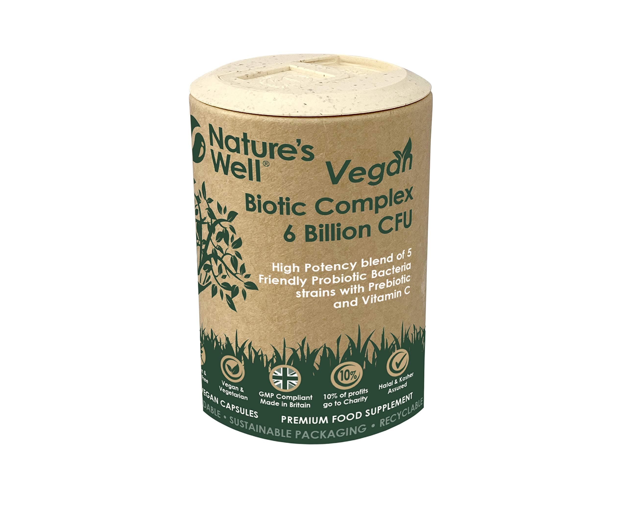 Vegan Biotic Complex, Potency Minimum 6 Billion CFU per Capsule - 60 Vegetarian Capsules, 5 Active Probiotic Strains with Prebiotics & Vitamin C | Made in UK by Nature’s Well (Pot)