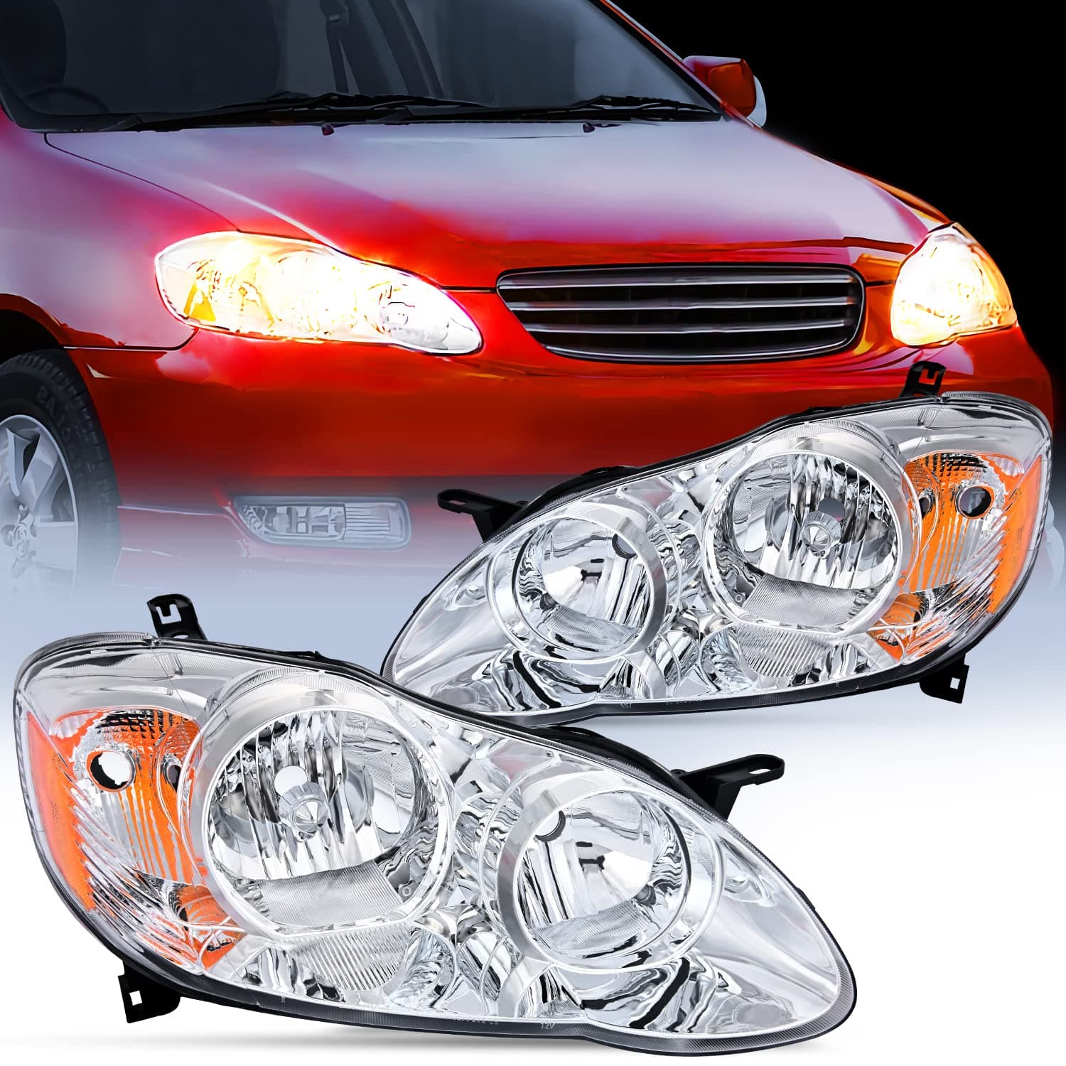Nilight Headlight Assembly for 2003 2004 2005 2006 2007 2008 Toyota Corolla Headlamps Replacement Chrome Housing Amber Reflector Driver and Passenger Side, 2 Years Warranty