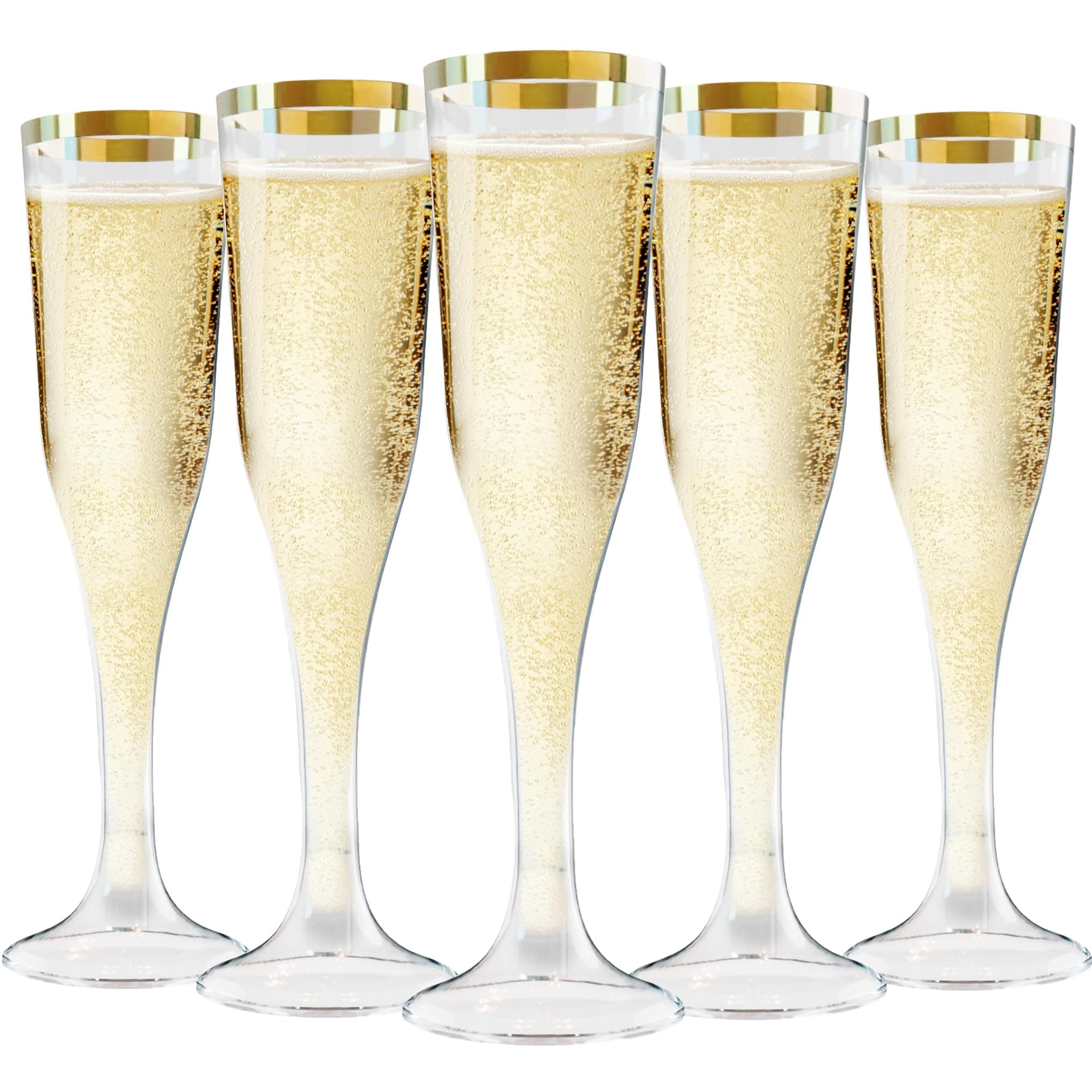 Zcaukya 100 Plastic Champagne Flutes, 4.5oz Clear Disposable Hard Stemware Cups with Golden Rim, Plastic Champagne Glasses for Wedding, Graduation Party, Bridal Shower, Birthday Party