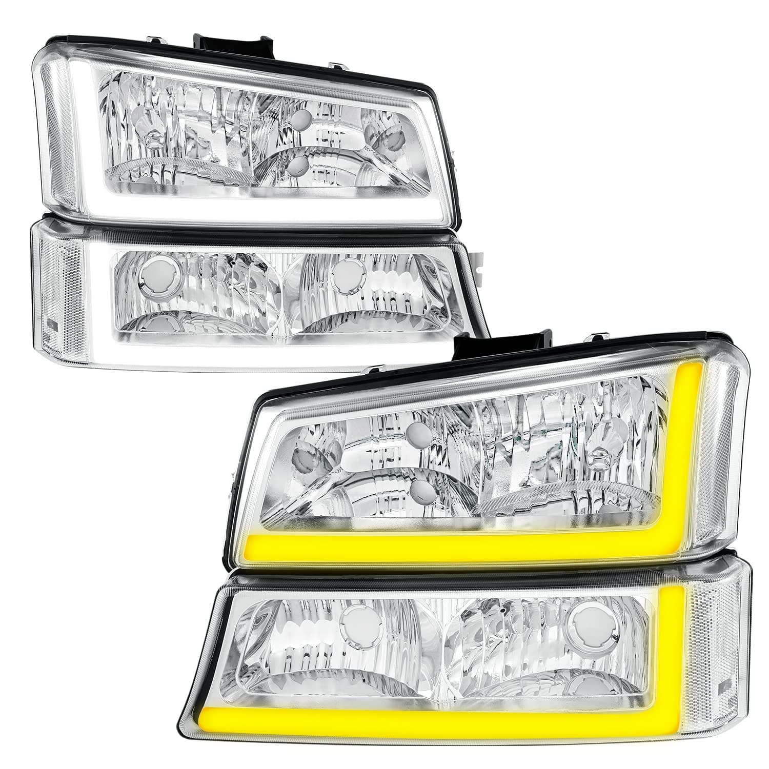 GORWARE Headlights with LED DRL Tube + Sequential Switchback Chrome for Silverado 2003 2004 2005 2006 2007, 2003-2006 Avalanche, Chrome Housing Clear Lens and Reflector, 58.5cm x 41cm x 25.5cm