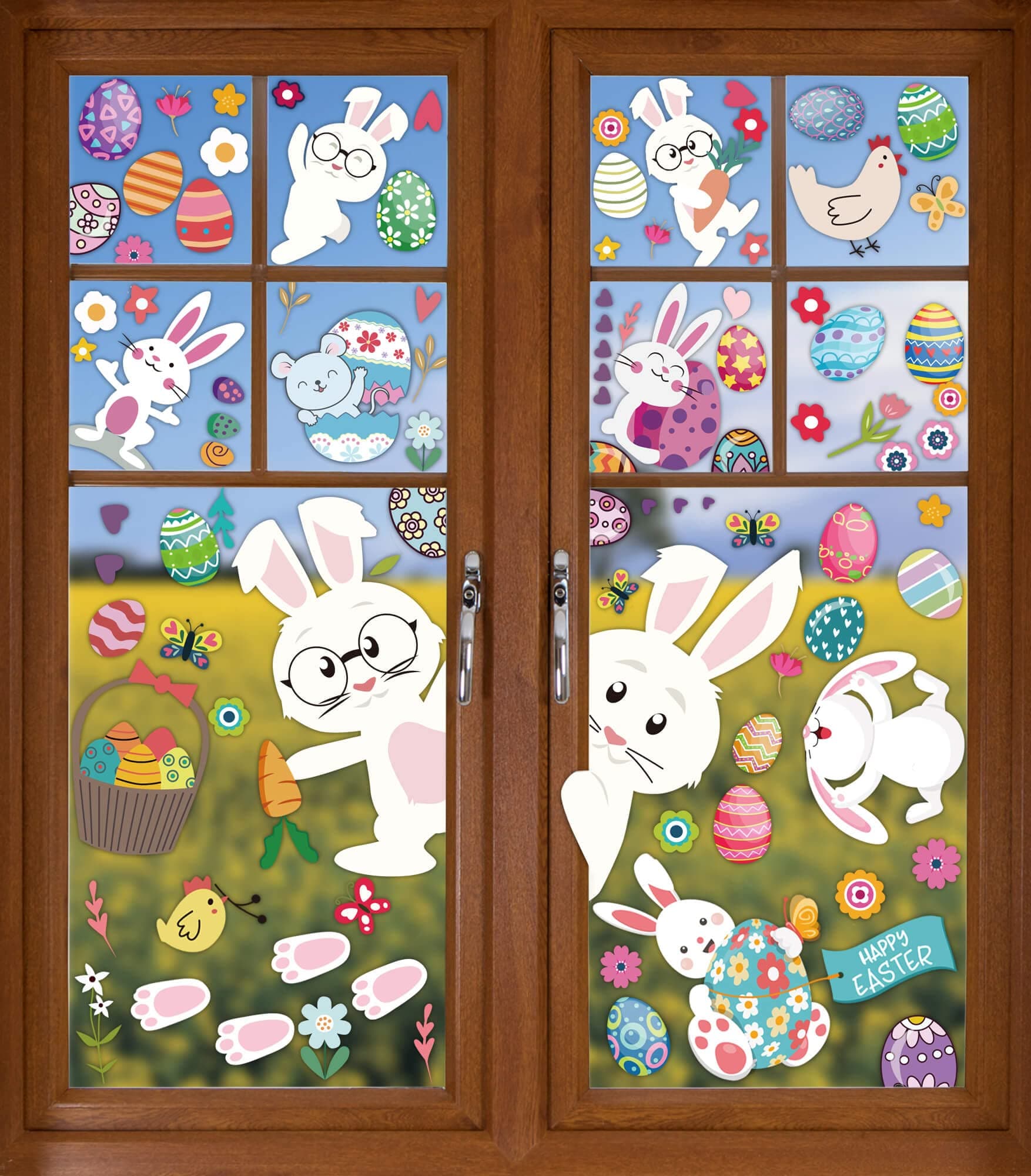 9 Sheets Easter Window Stickers, 131Pcs Cute Eggs Bunny Carrot Clings for Easter and Spring Window Decoration
