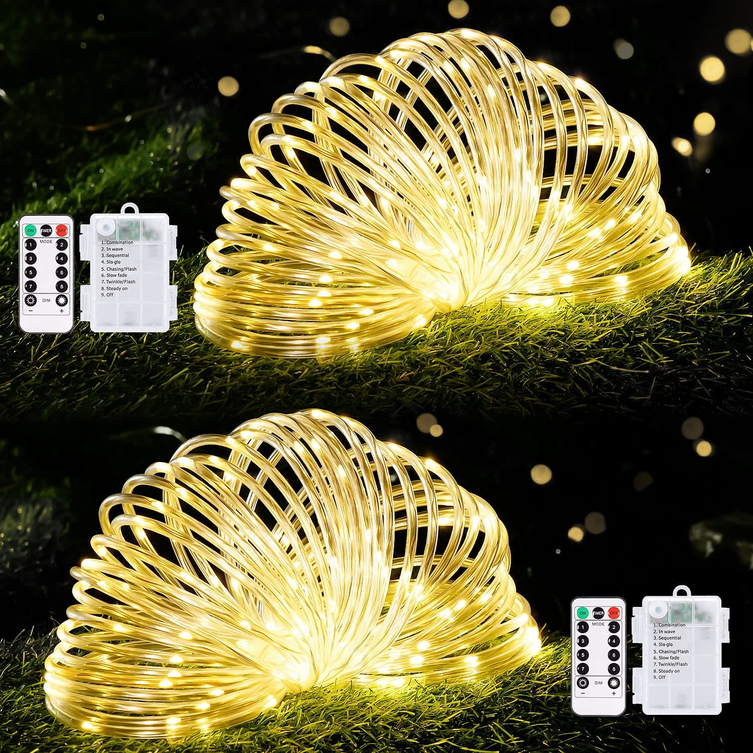 66Ft Battery Powered String Lights, 2 Pack Total 200 LED Outdoor Battery Operated Light, 8 Modes Battery Operated Rope Lights for Christmas Garden Walkway Patio Decorations (Warm White)