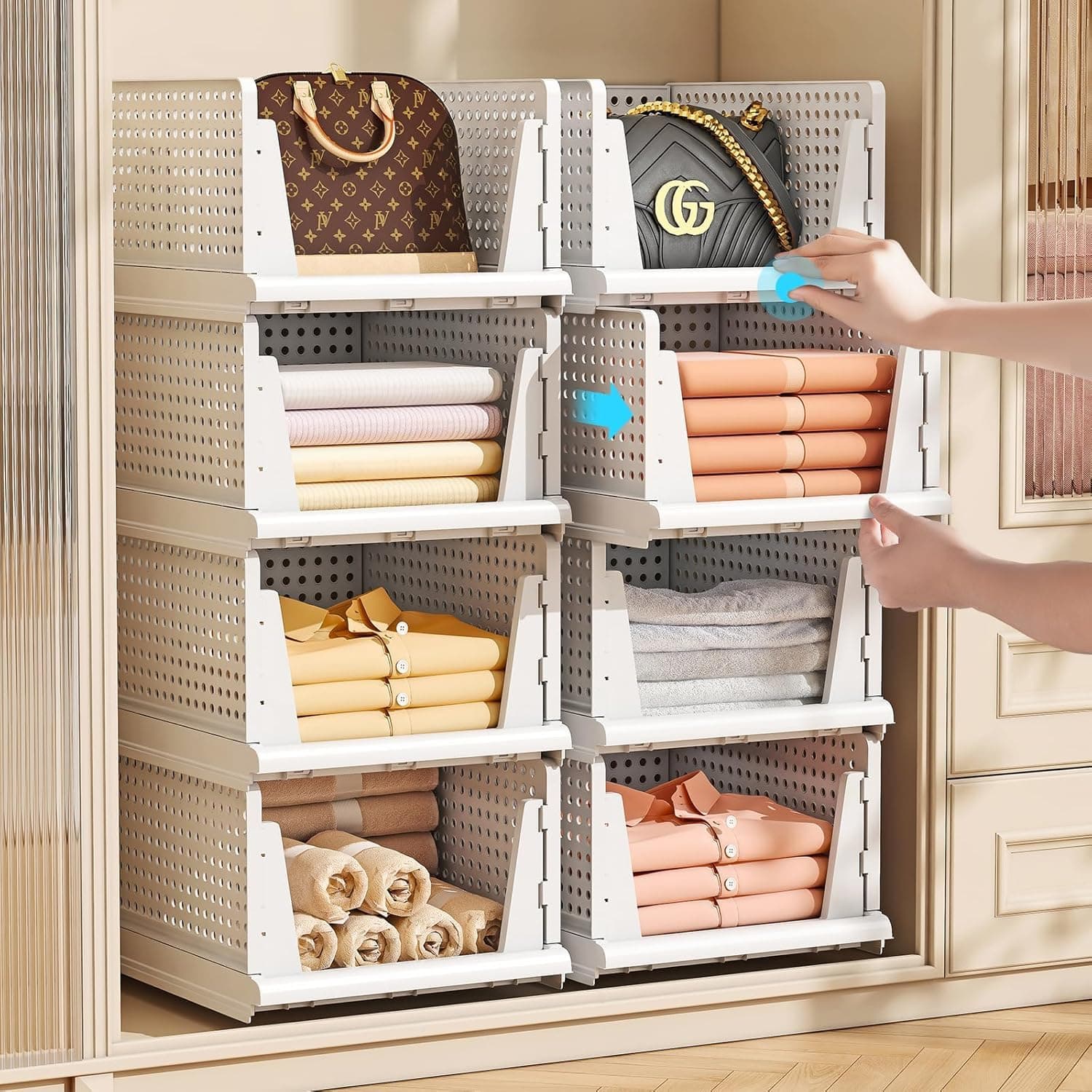 Polypropylene 8 Pieces Wardrobe Organizer for Storage/Foldable & Stackable Closet Basket/Cupboard Organizer for Clothes/Almirah Space Saver(White)