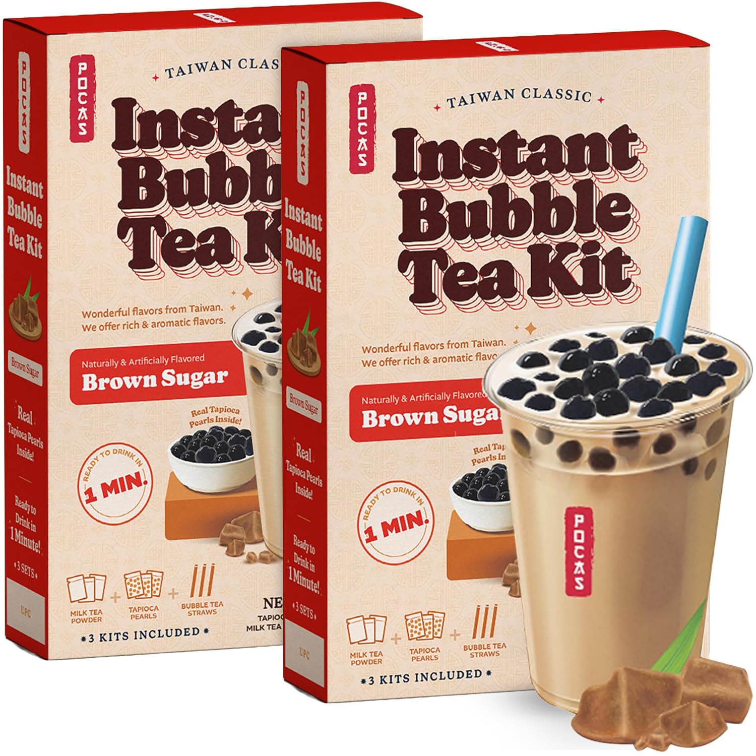 Pocas Bubble Tea Kit, Brown Sugar 2-Pack – Milk Tea Powder with Tapioca Pearls, Boba Straws, 3 Kits Per Box