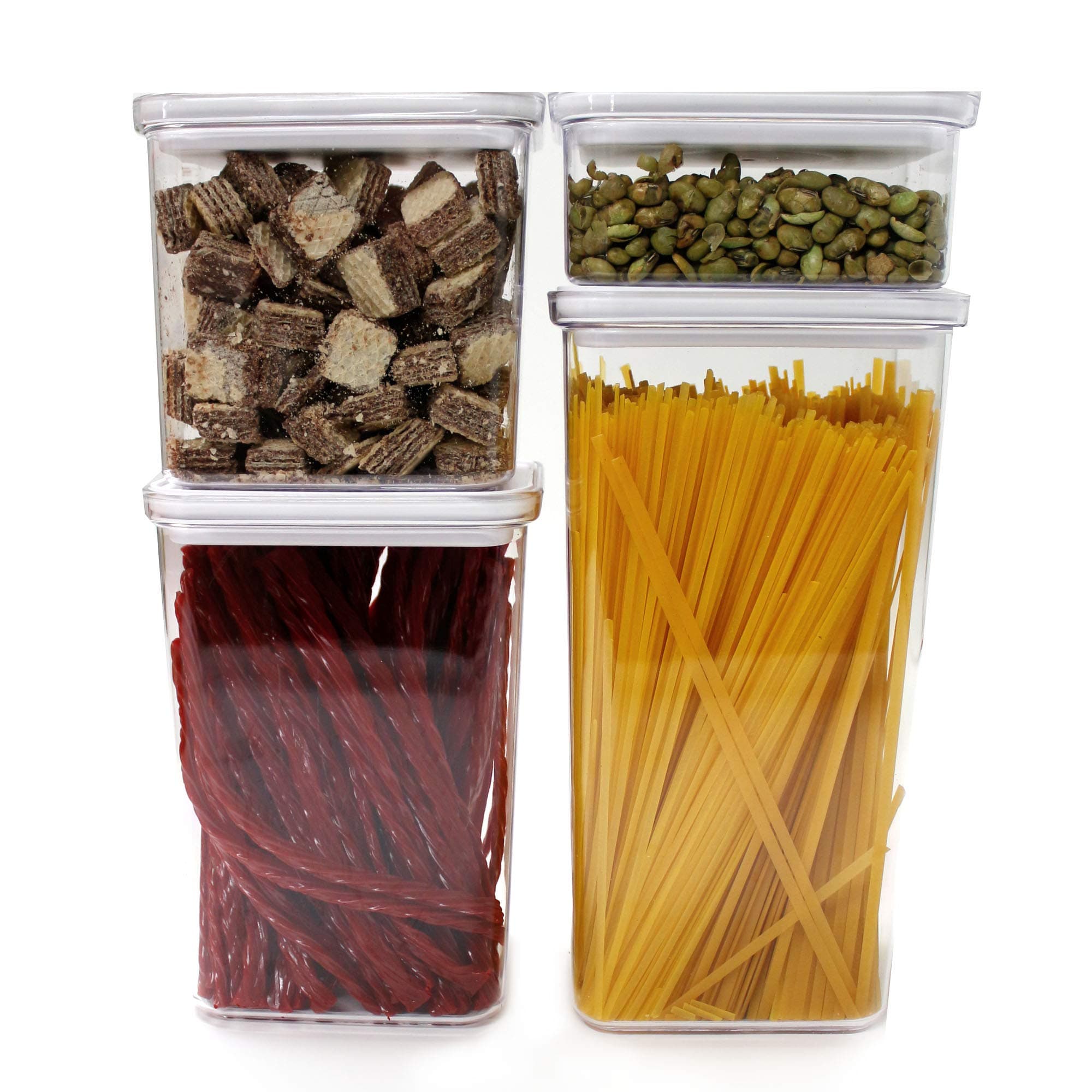 Neoflam56265 Smart Seal 4pc Rectangular Extra Large Airtight Kitchen Pantry Canister/Organizer Clear Plastic Storage Container Set, Simple Twist, 100% Leak Proof, Dishwasher Safe, BPA Free, White Lid