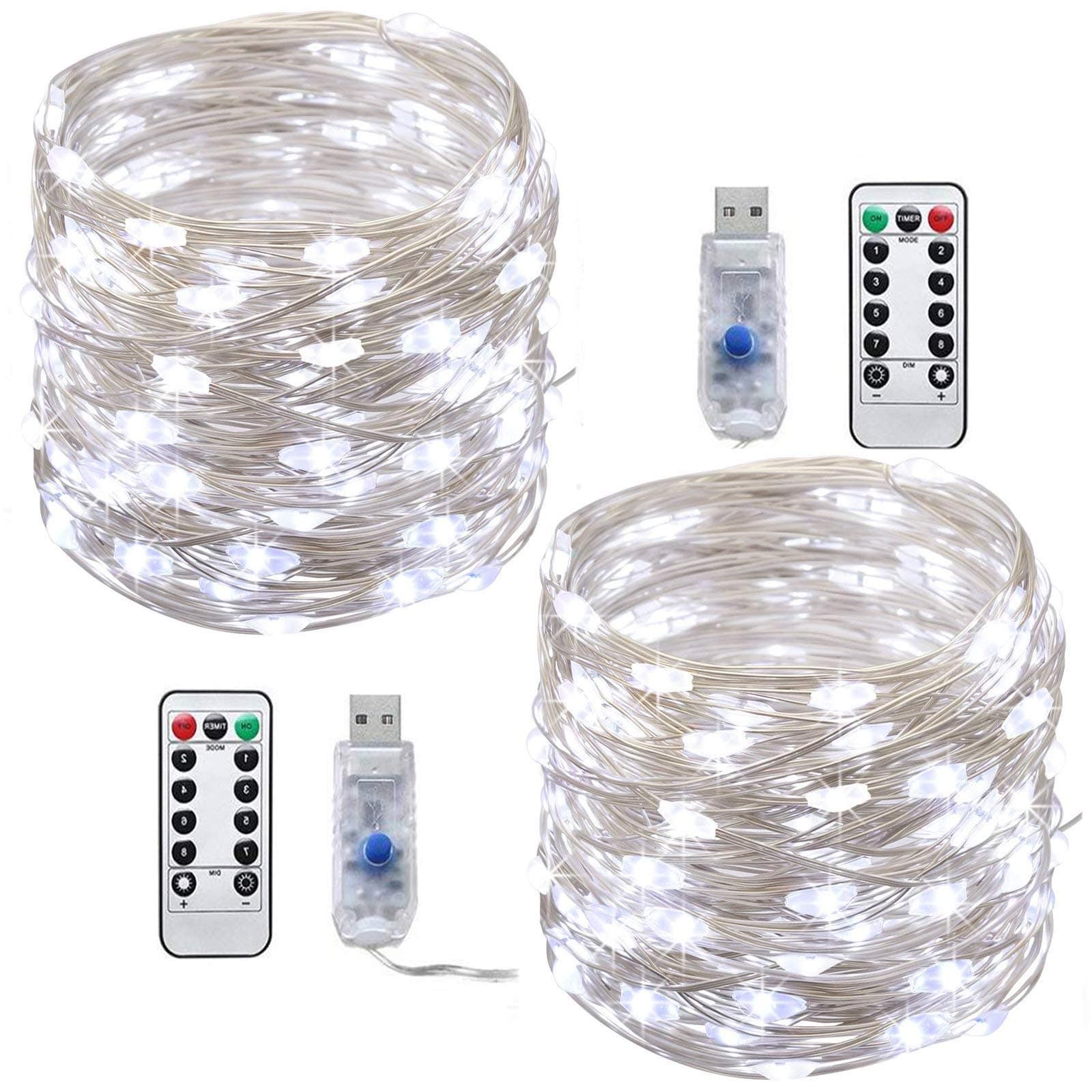Led String Lights, [2 Pack]10m 100 LEDs Micro Silver Wire LED Fairy Lights USB Port Indoor Starry String Lights(Cool White with Remote)