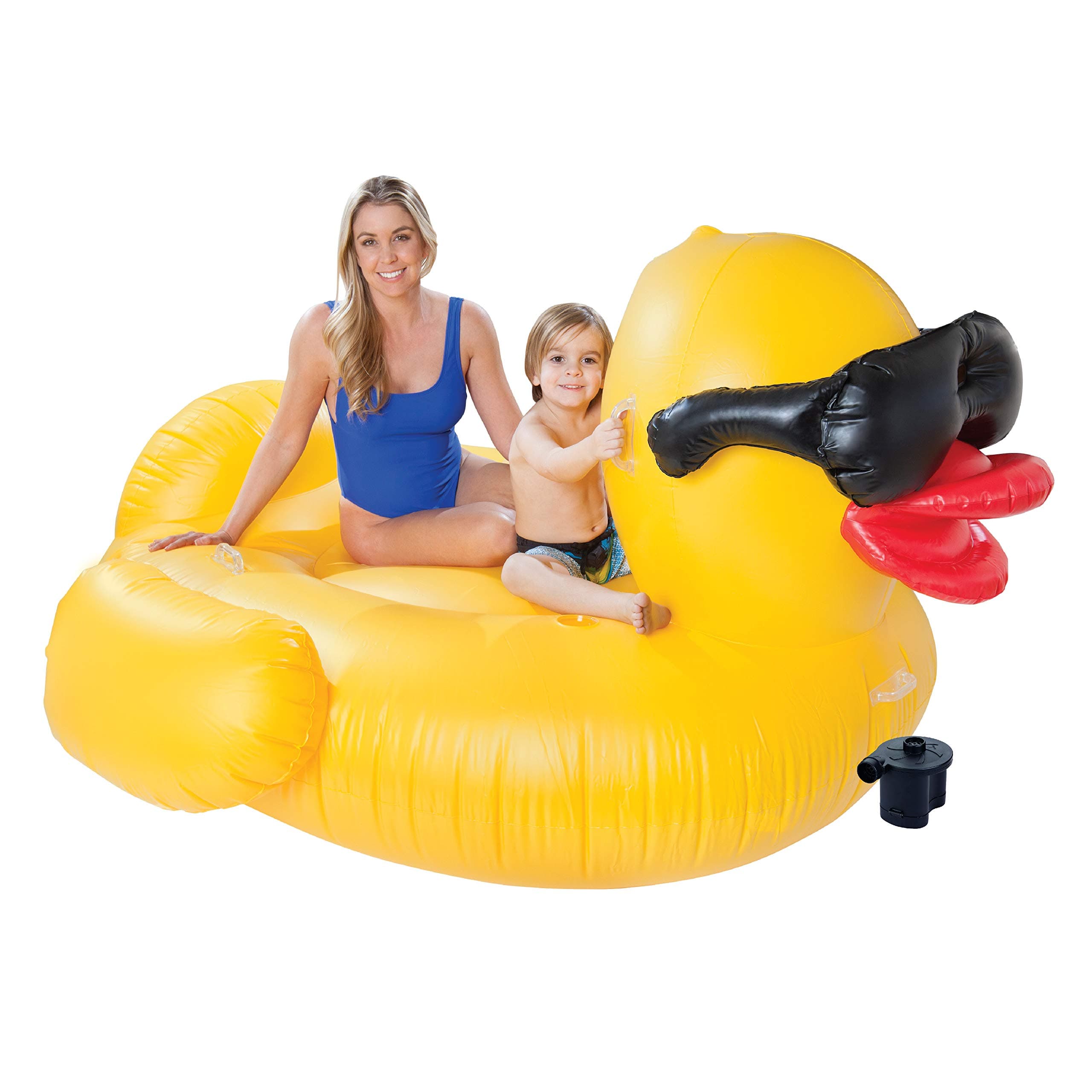 Game 5007 Giant Derby Duck with Pump Inflatable Pool Float, Quick-Fill Valves, Built-in Cup Holders, 300-Pound Capacity, 72” L x 66” W x 36”, Yellow