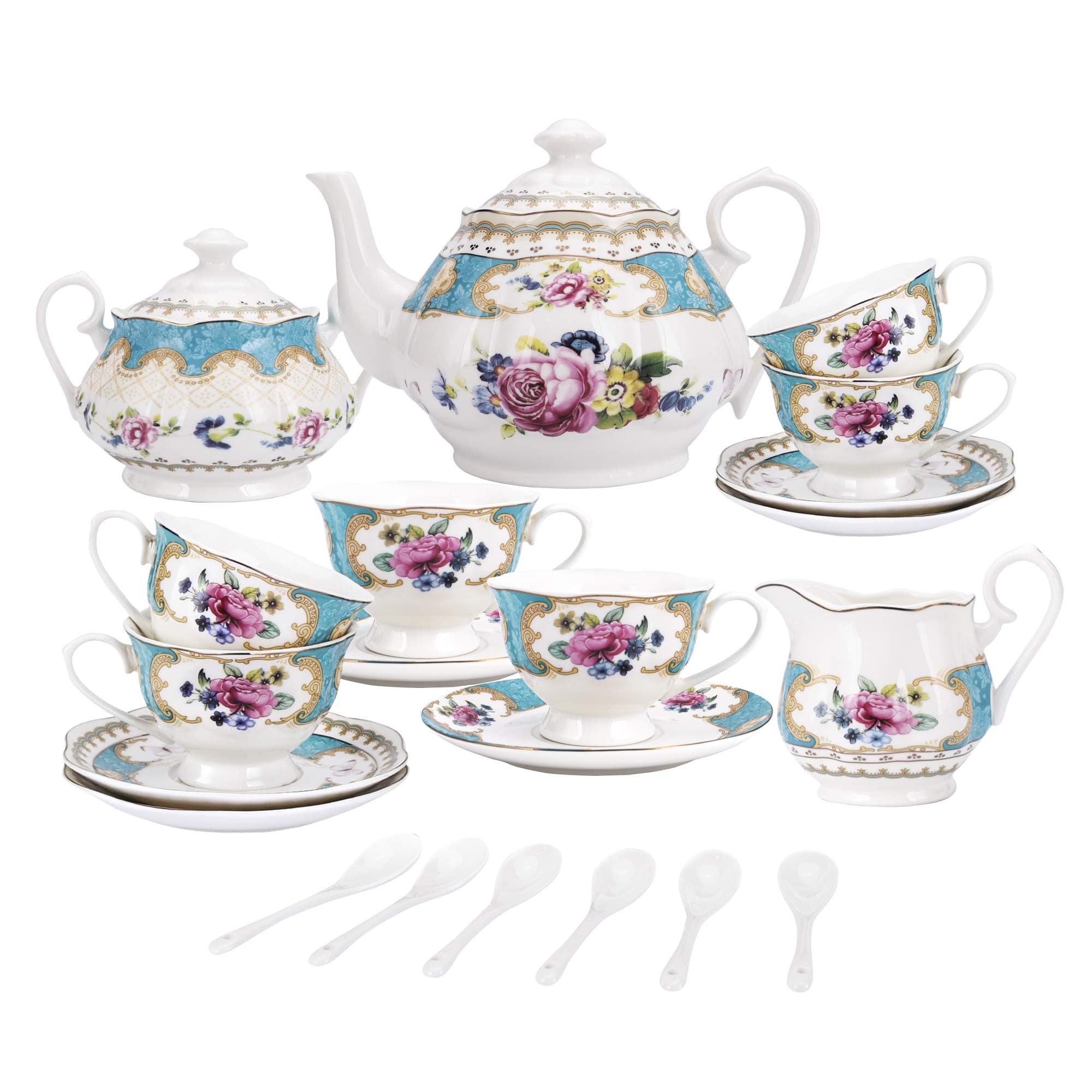 15 Pieces European Retro Rose Tea Set,English Flora Tea Set for Adults,Porcelain Coffee Set