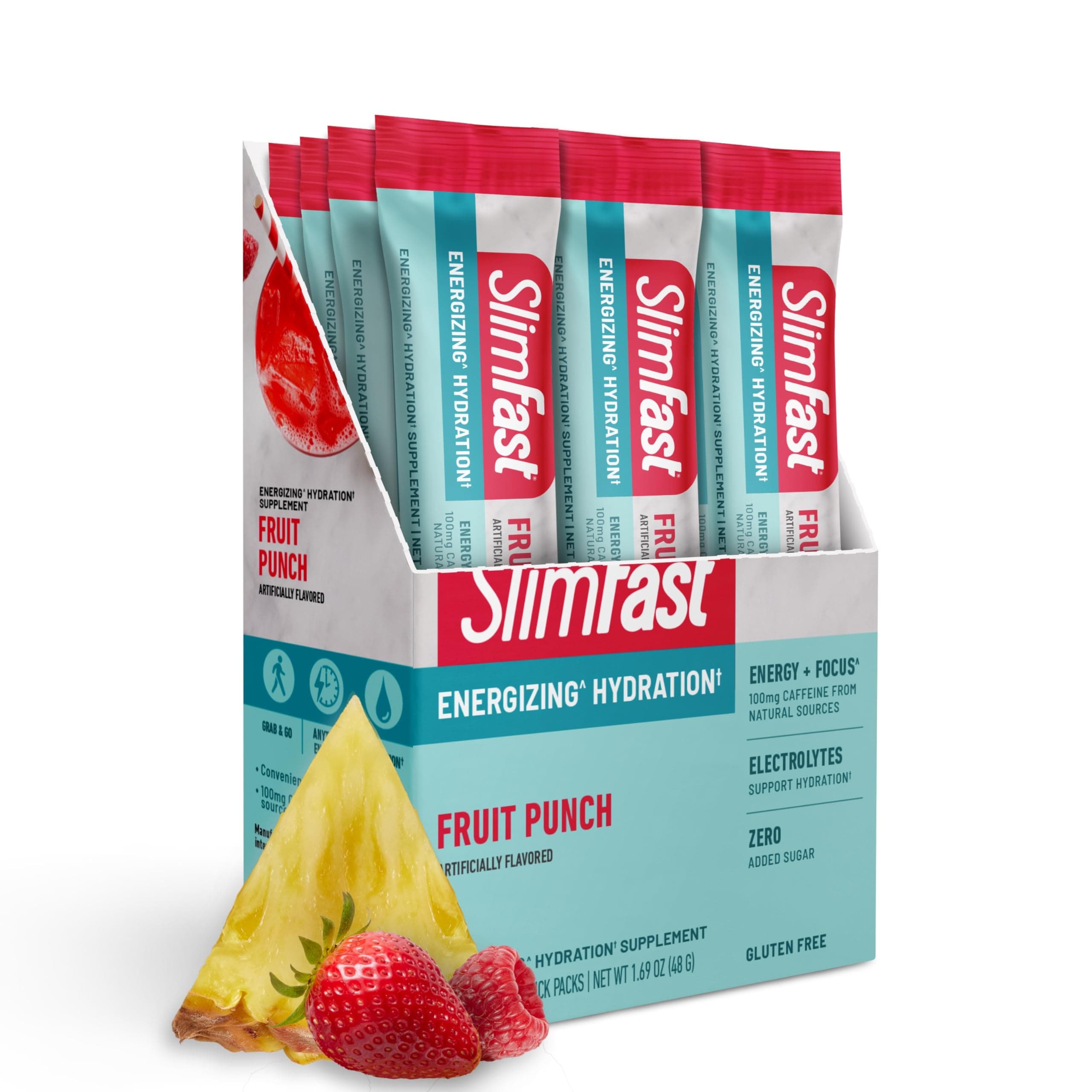 SlimFast Hydration Packets, Intermittent Fasting Electrolytes, Drink Mix Packets, Intermittent Fasting Powder, Energy Powder Drink Mix, Caffeine, Electrolytes for Hydration, Fruit Punch (12 Count)