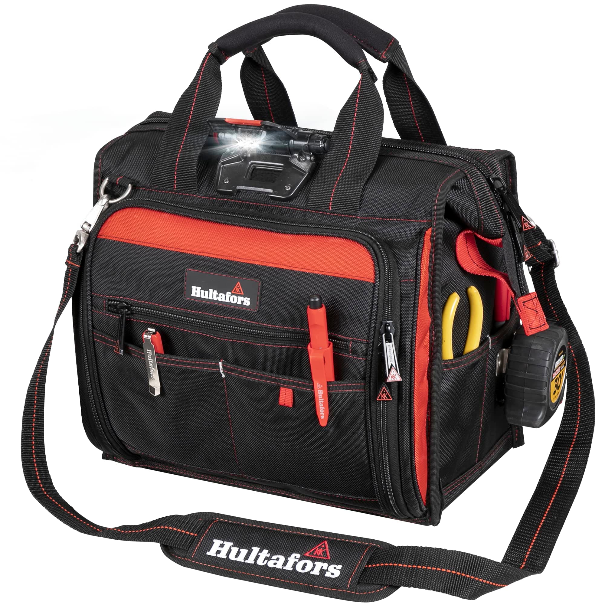 Work Gear HTL573 Lighted Technician's Tool Bag, 55 Pockets, Heavy Duty Ballistic Polyester Tool Carrier, Adjustable Swivel Light, Large Center Compartment