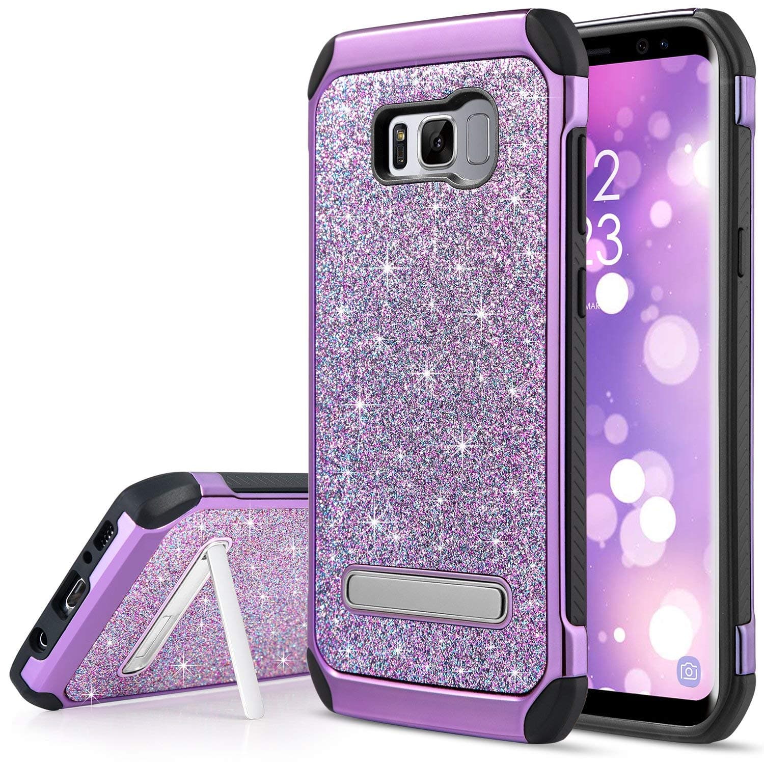 S8 Plus Case, Samsung S8 Plus Case, Galaxy S8 Plus Phone Case, Glitter Bling Shockproof Kickstand Hybrid Slim Sparkly Shiny PU Leather Hard Case Cover for Samsung Galaxy S8 Plus 6.2", Purple
