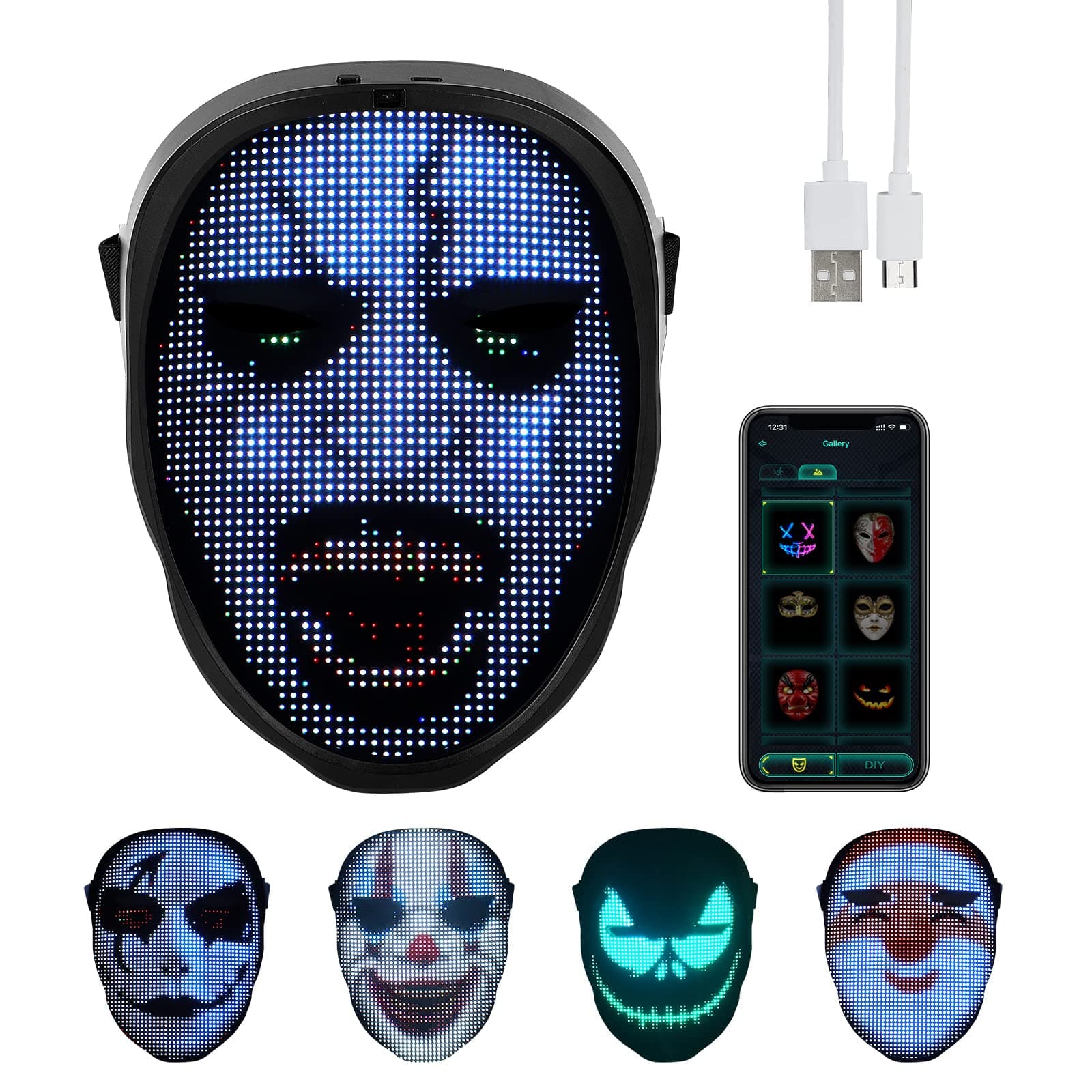 LED Mask with Bluetooth Programmable, Rechargeable Light Up Mask, Gesture Change, Customizable Pictures, for Cosplay, Masquerade, Birthday Party, Nightclub, Music Festival, Halloween