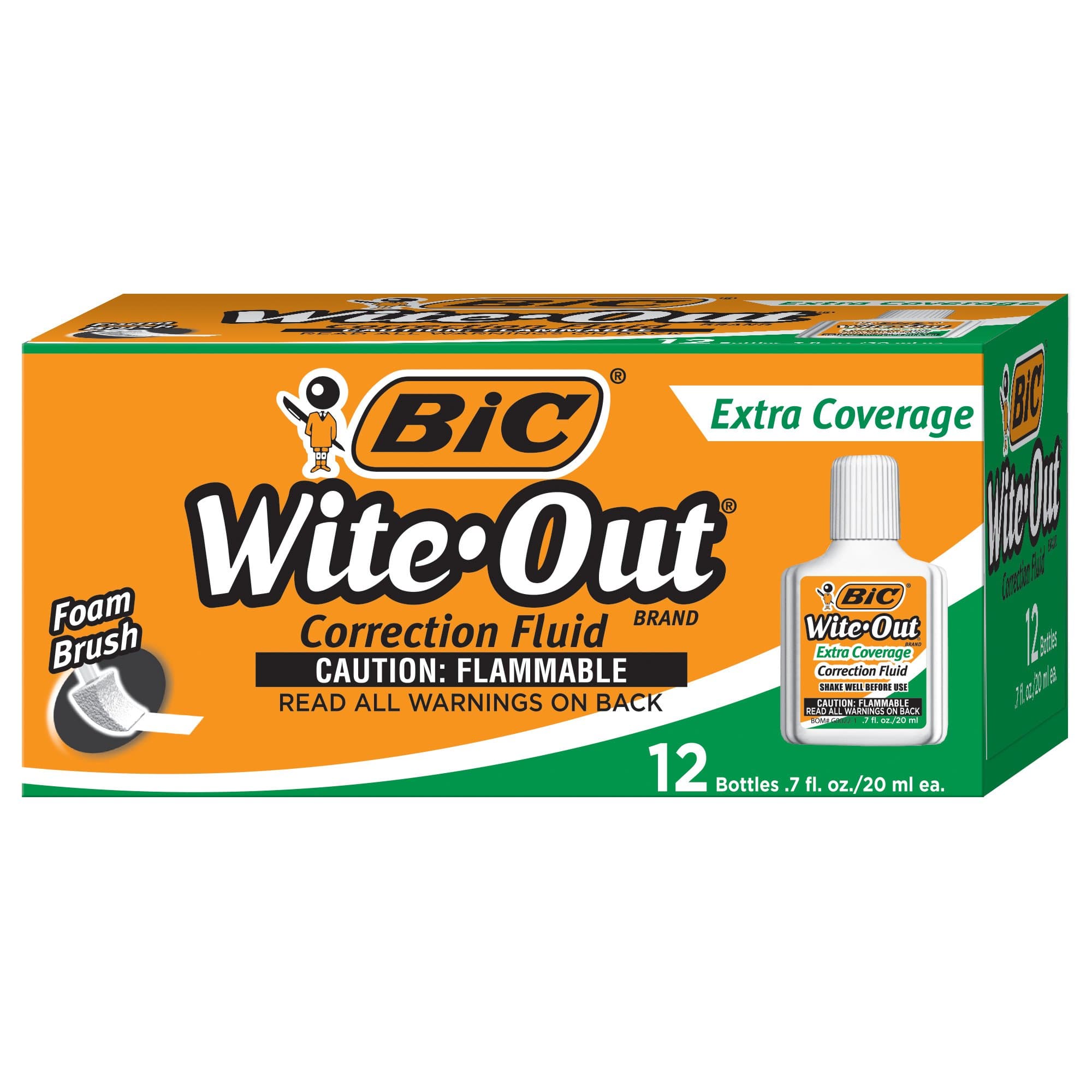 BIC Wite-Out Extra Coverage Correction Fluid, White, 12 Corr