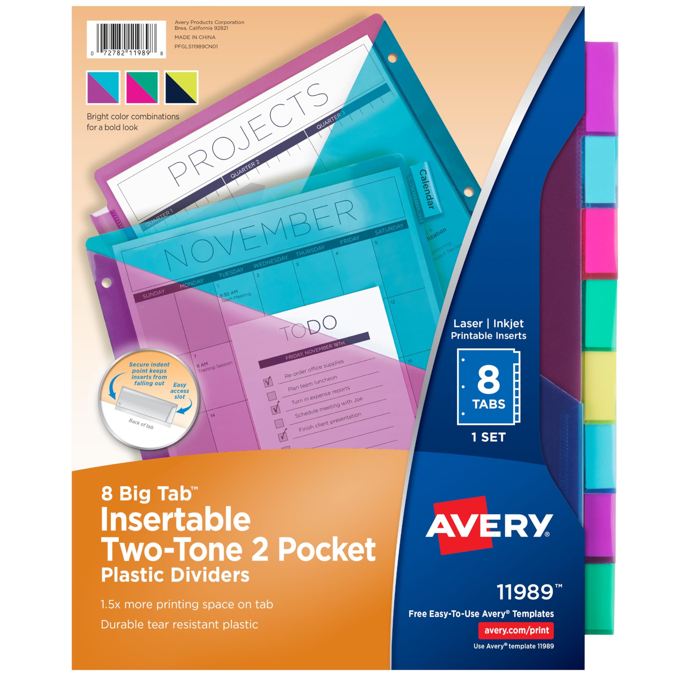 Big Tab Insertable Plastic 2 Pocket Dividers for 3 Ring Binders, 8 Tab Set, Bright Two-Tone Multicolor, Works with Sheet Protectors, 1 Set (11989)