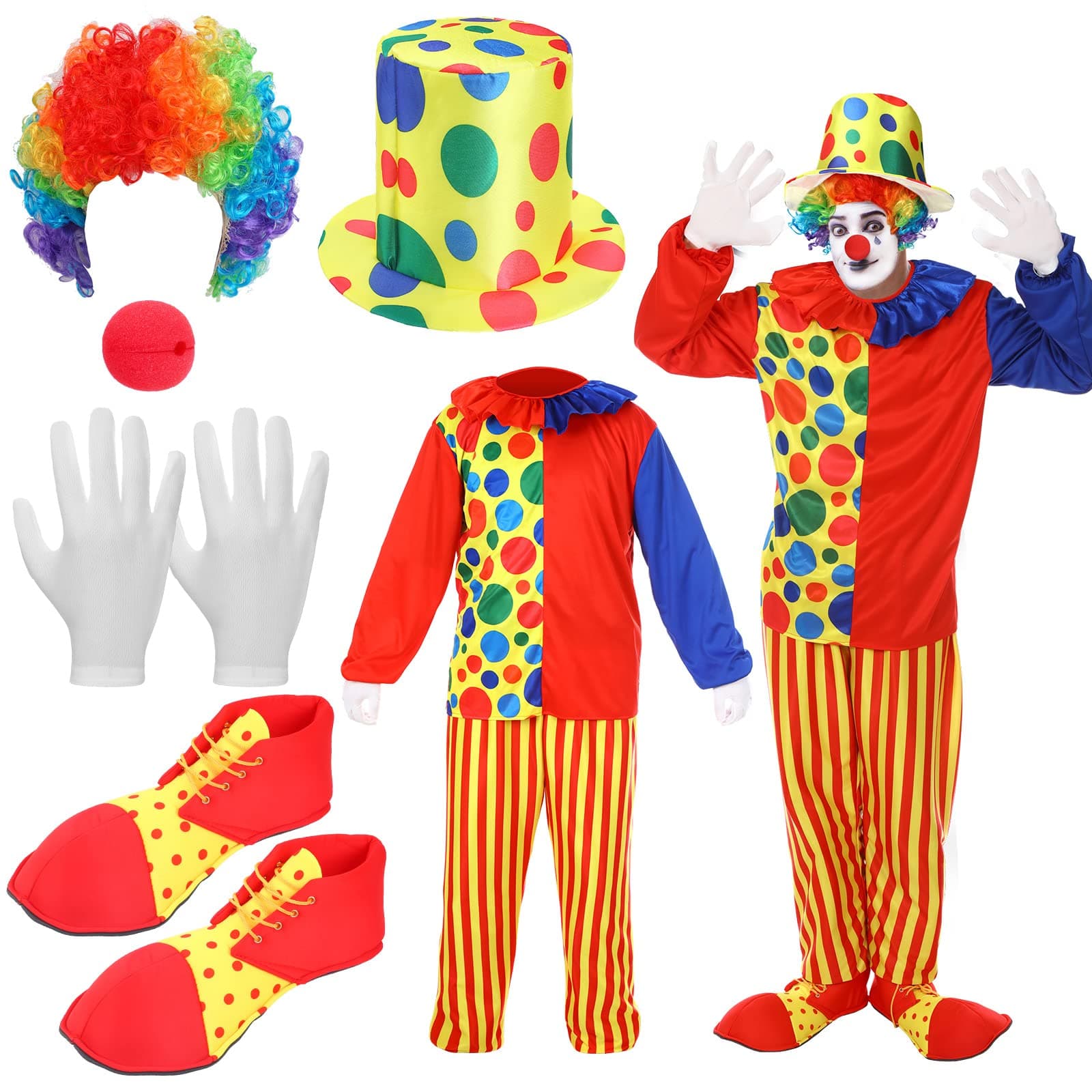 7 Pcs Clown Costumes Set Includes Shoes, Nose, Hat, Wig, Gloves for Adults Carnival Clown Costumes