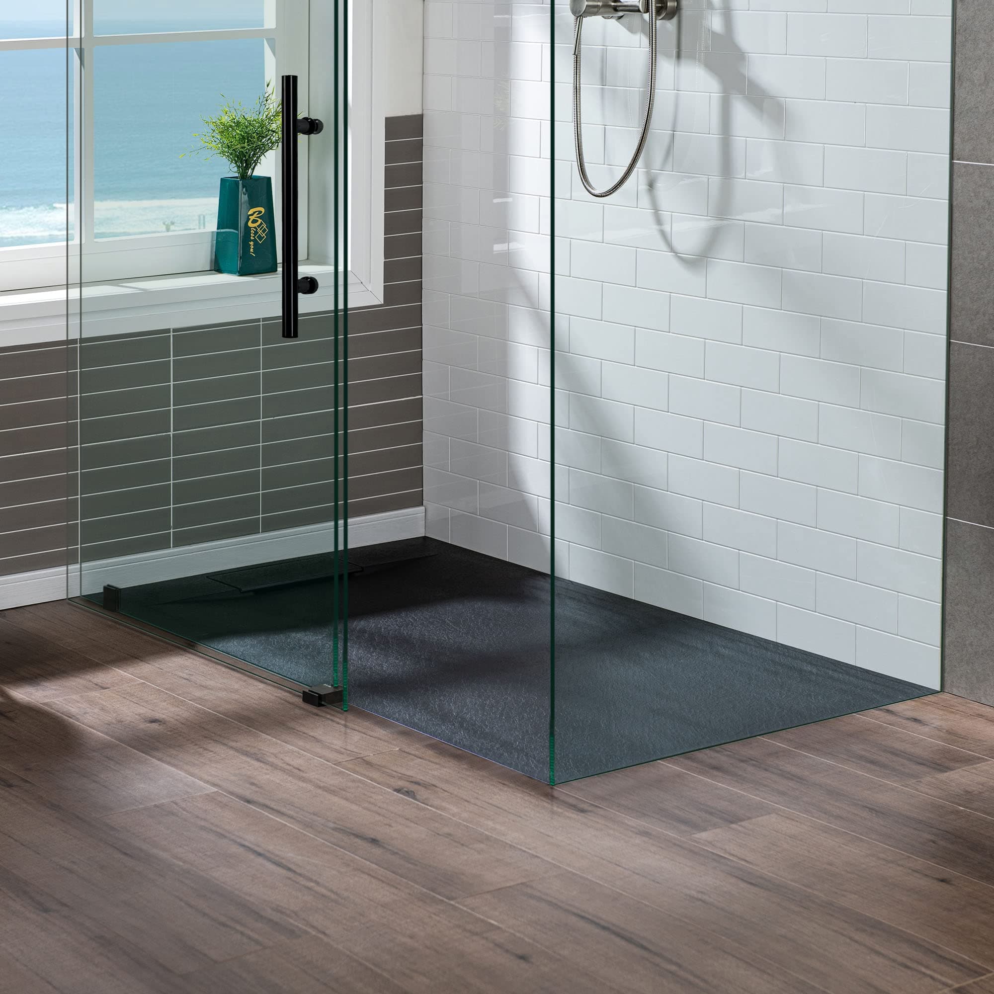 Woodbridge Black Zero Threshold End Drain Shower Base - Low Profile, 47.25 in L x 31.5 W, Wheelchair Accessible, Decorative Drain Plate and Tile Flange