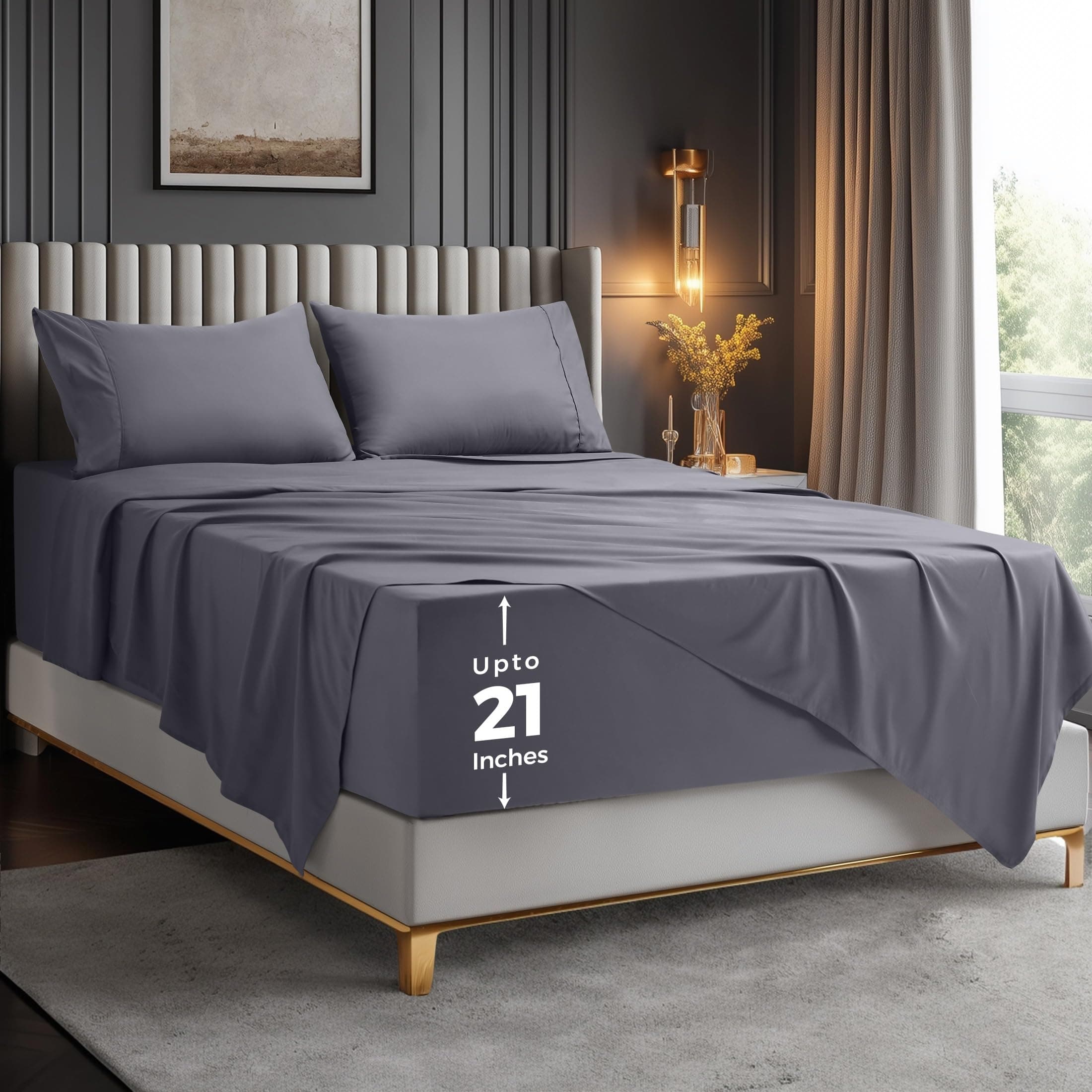 Queen Size Extra Deep Pocket Sheet Set – Fits Mattresses Up to 21 inches – Cooling, Soft & Breathable – Oeko-Tex 4 Piece Bed Sheets (Grey)
