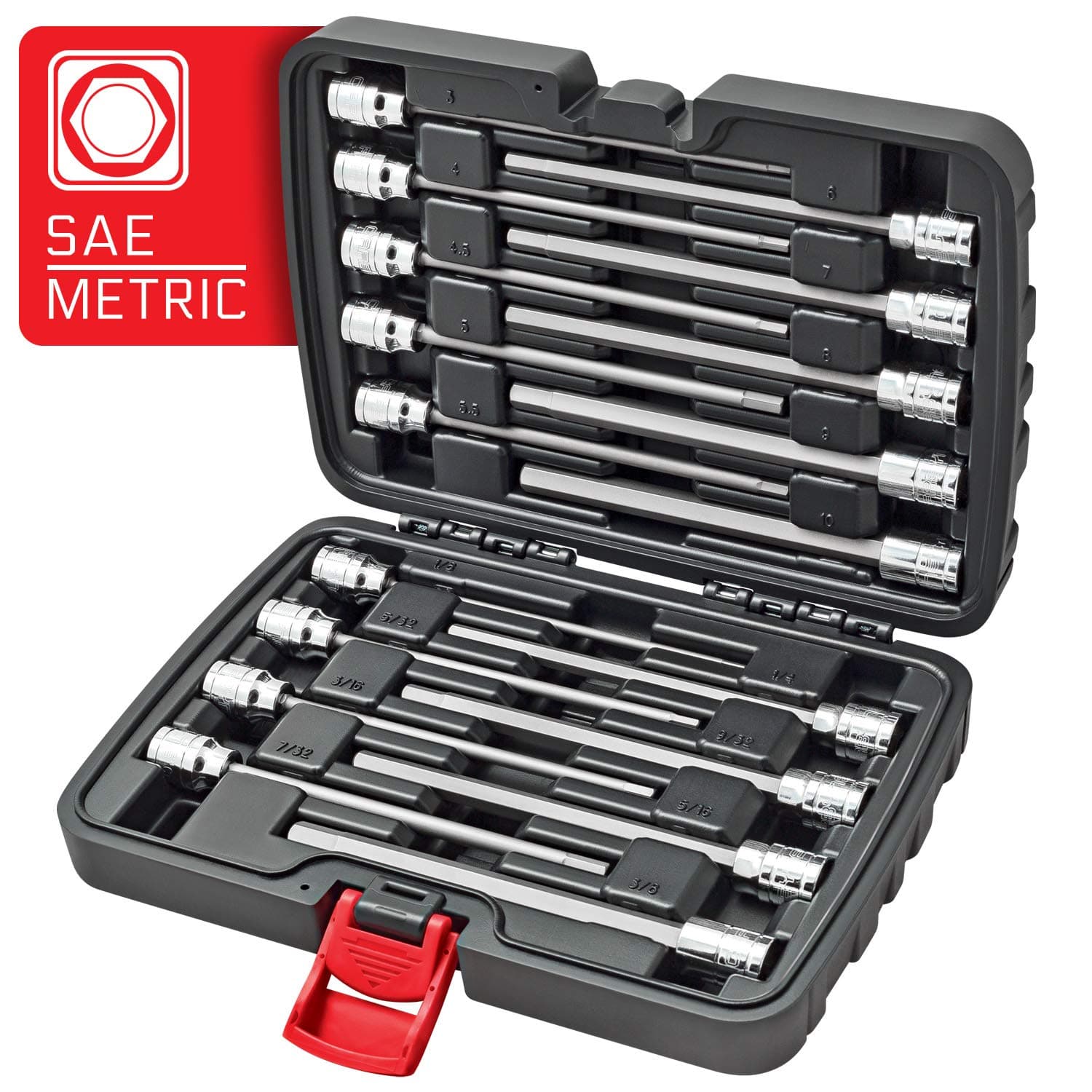 18-Piece Extra Long Hex (Allen) Bit Socket Set | SAE & Metric, S2 Steel Bits, CrV Sockets, Active Corrosion Protection, Durable Case | 1/8 in. - 3/8 in. SAE / 3mm-10mm Metric, 3/8 in. Dr.