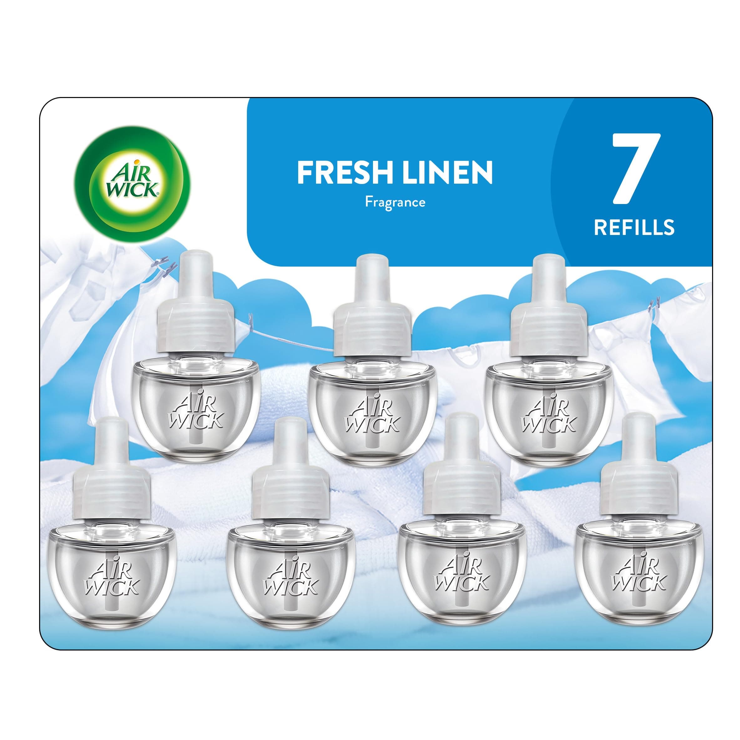 Air Wick Plug in Diffuser Refill, Fresh Linen, Pack 7 x 19ml, Long Lasting Fragrance, Lasts up to 200 days, Plug in Air freshener