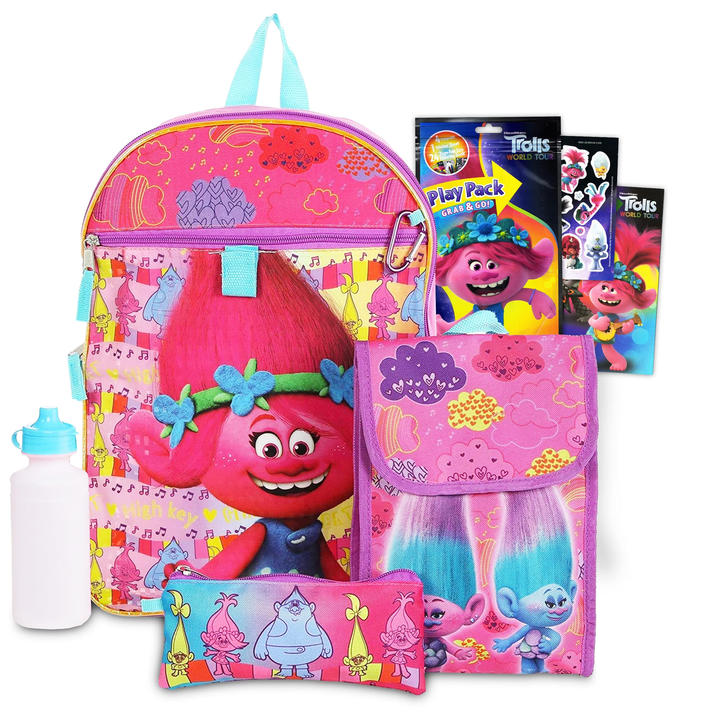 Trolls World Tour School Backpack Set - 7 Pc Bundle With Trolls Poppy School Bag, Lunch Box, Stickers, And More | Trolls Movie School Supplies Pack for Girls