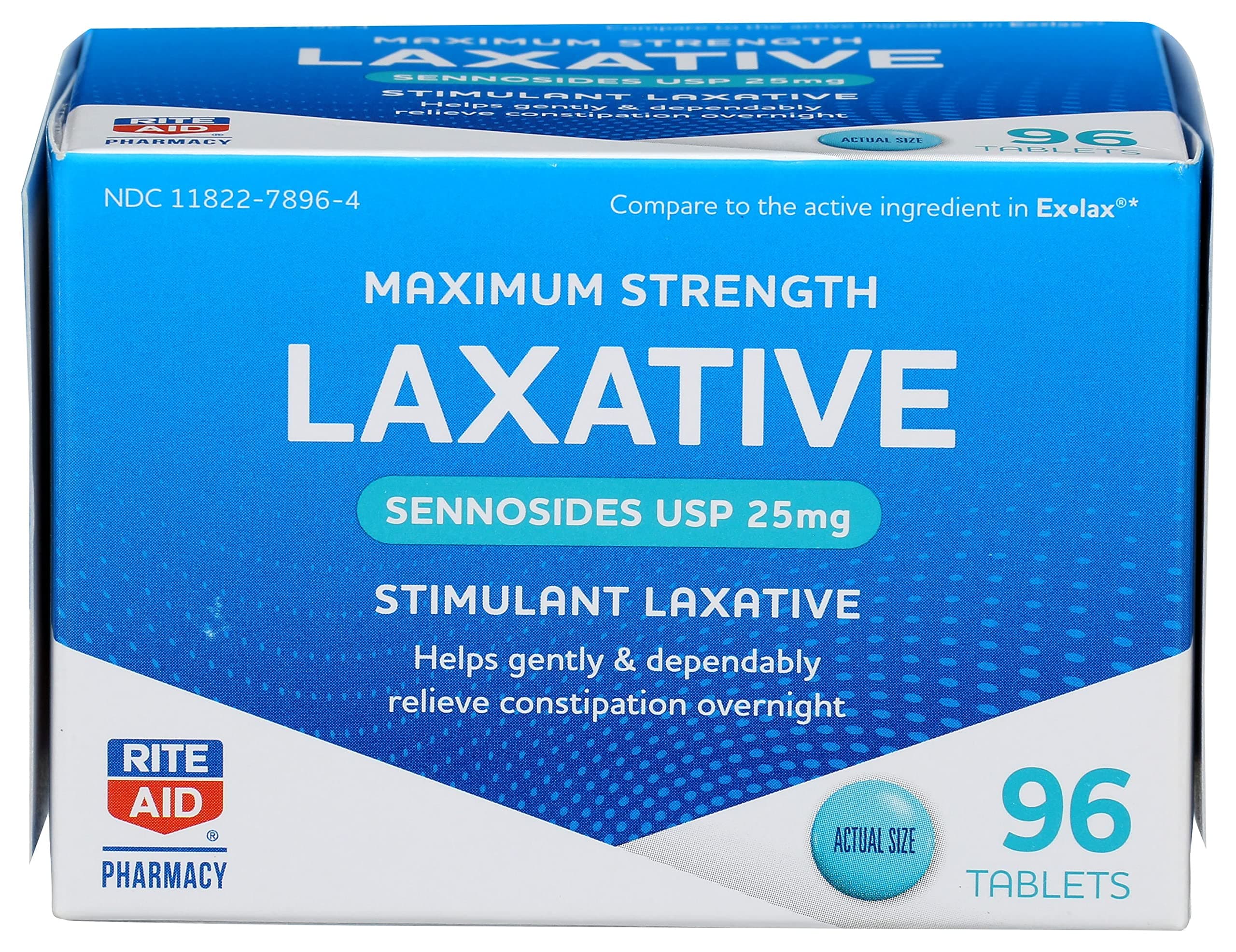 Rite Aid Maximum Strength Laxative, Sennosides USP Tablets, 25 mg, 96 Count | Constipation Relief Laxative Extra Strength | Overnight Fast Acting Laxative | Fiber Supplement & Stool Softeners Softgels