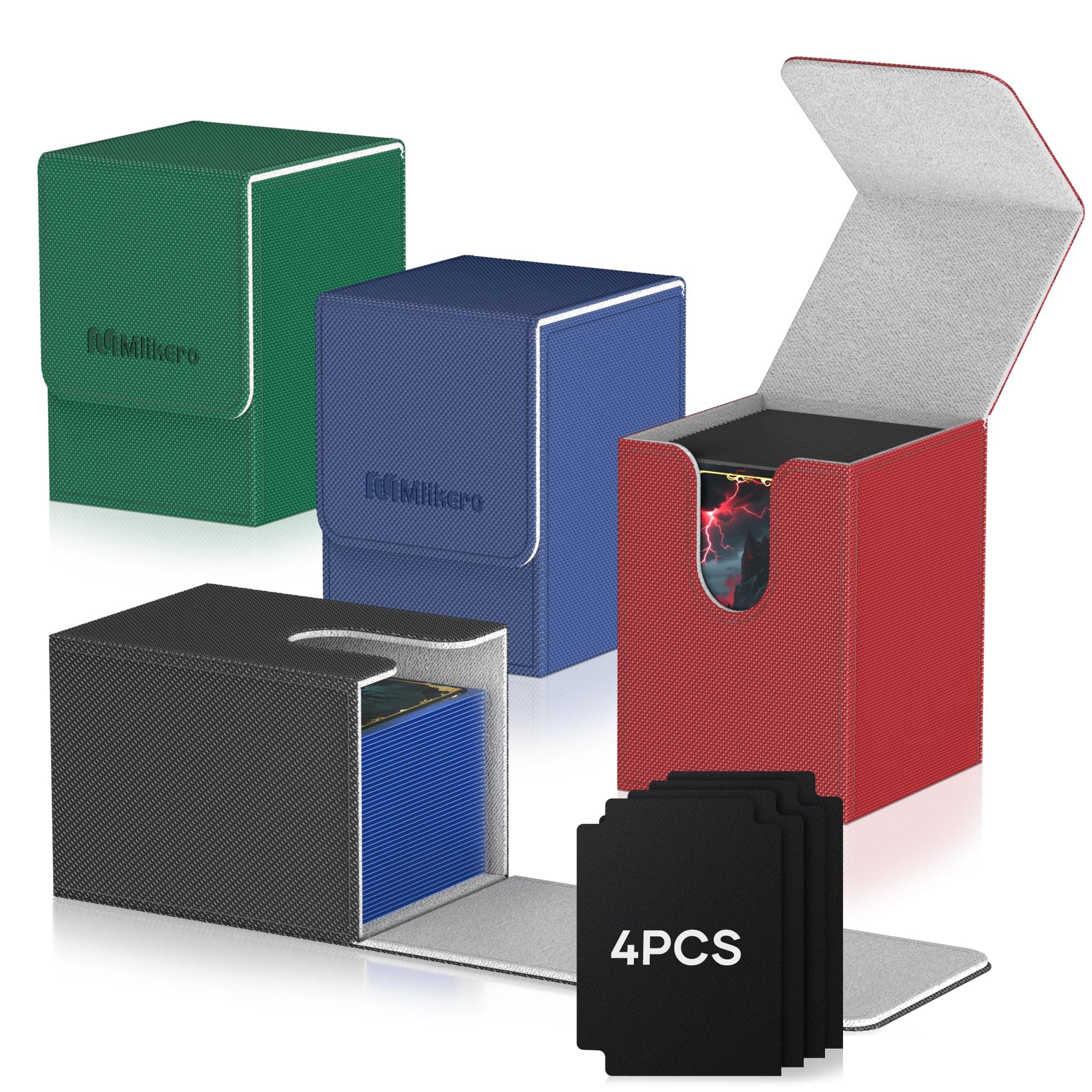 - Mlikero 4 Pack Card Deck Box, Commander Deck Box Holds 400+ Single Sleeved Cards with 4 Dividers, Leather Magnetic Card Box Fit for MTG, TCG (4 Colors)