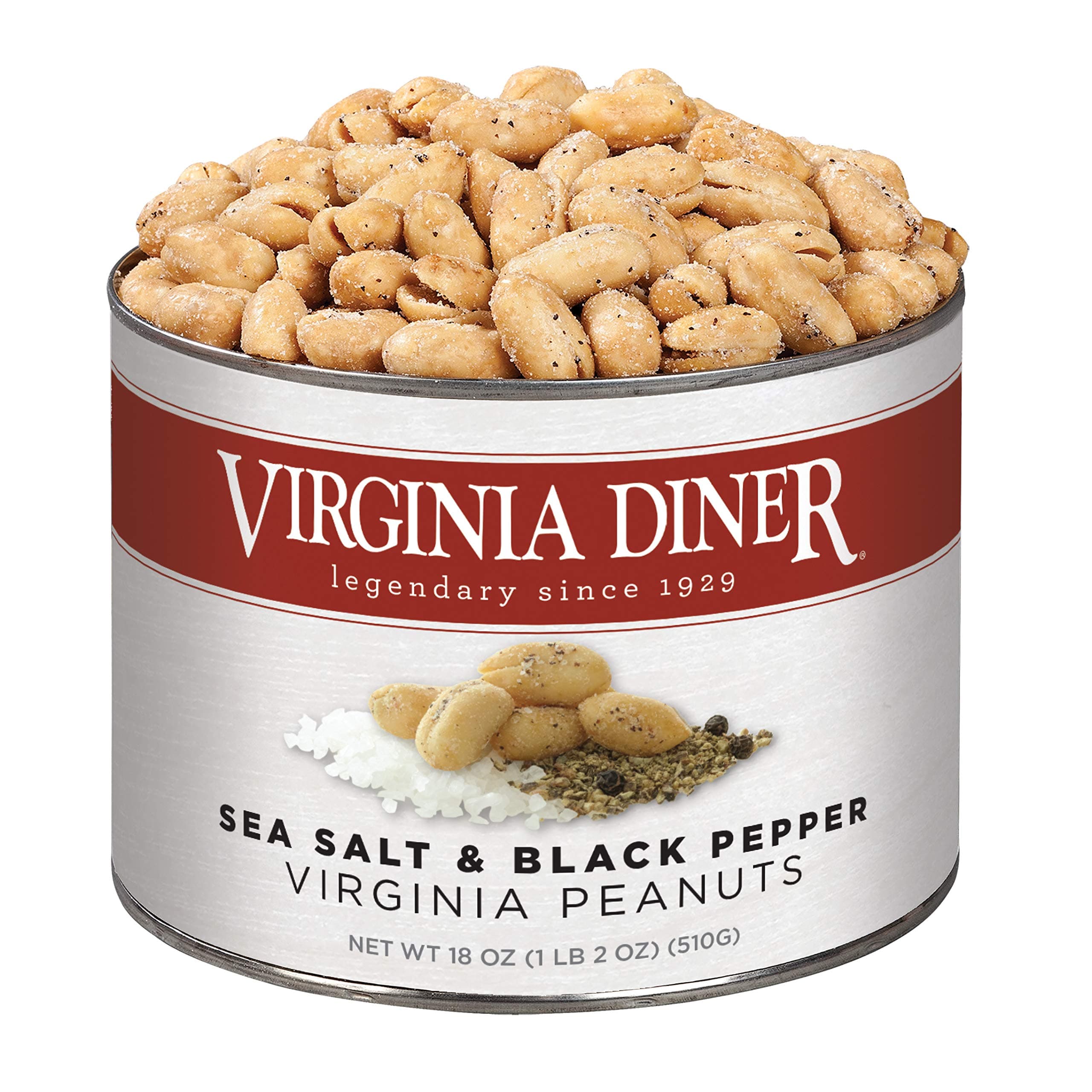Virginia Diner Sea Salt & Pepper Blister Roasted All Natural Seasoned Virginia Peanuts, Gourmet Nuts in Vacuum Sealed Tin 18 oz (Pack of 1)