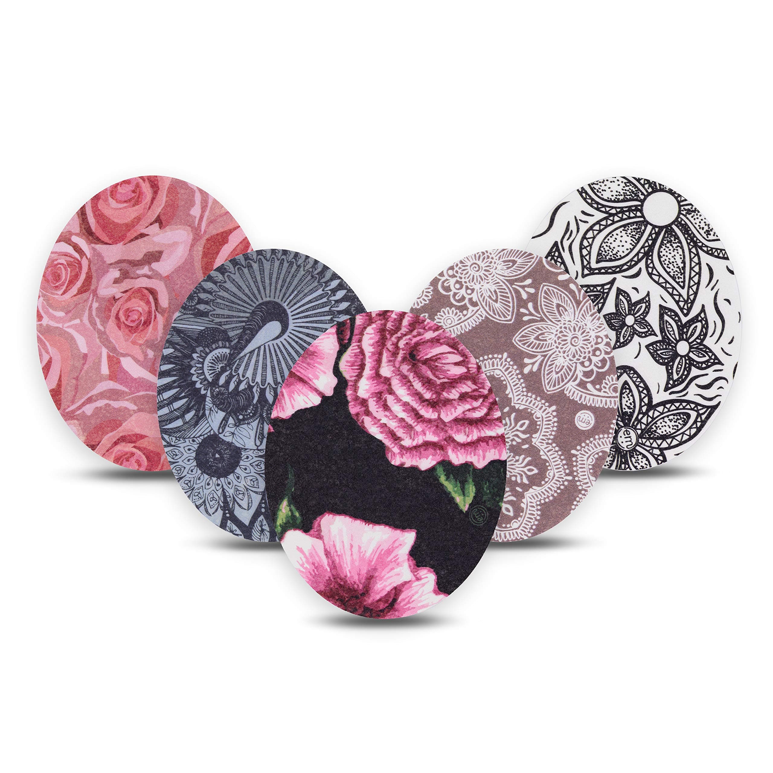 Adhesive Patch Universal Oval Shape (5-Pack) - Made in The USA, Waterproof, Split Backing, CGM Tape (Floral Variety Pack) (Oval)