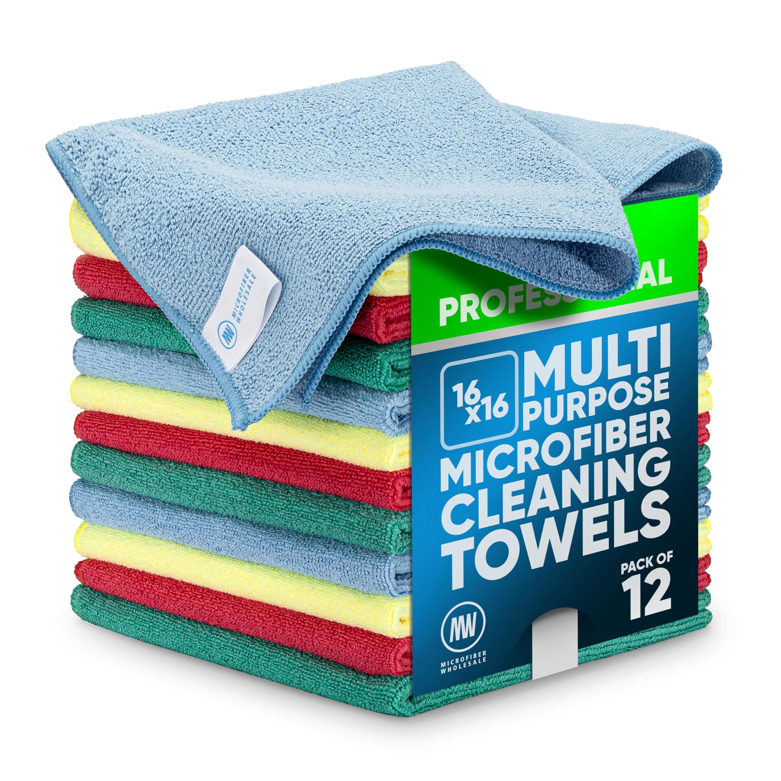16" x 16" Buff™ Pro Multi Surface Microfiber Towels (Blue, Green, Red, Yellow)