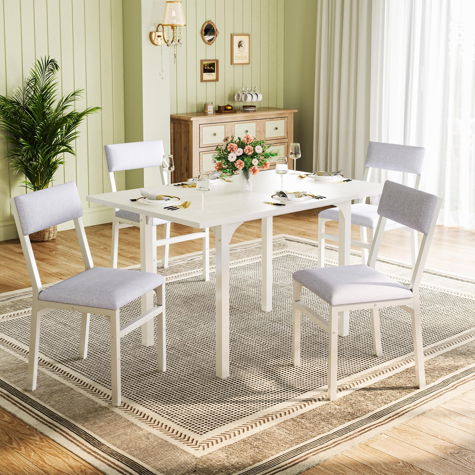 Dining Table Set for 4, Extendable Kitchen Table Cushion Chairs Set of 4, Rectangle Dining Table with Metal Frame & MDF Board, Folding for Small Apartment Saving Space, White
