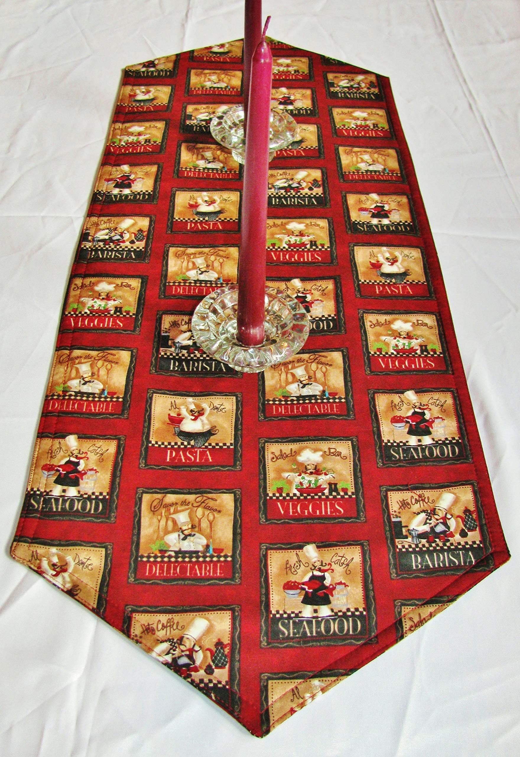 Fat Chef Table Runner (13" x 24") Custom-Made Red W/Italian Chef Motif Straight or Pointed Ends