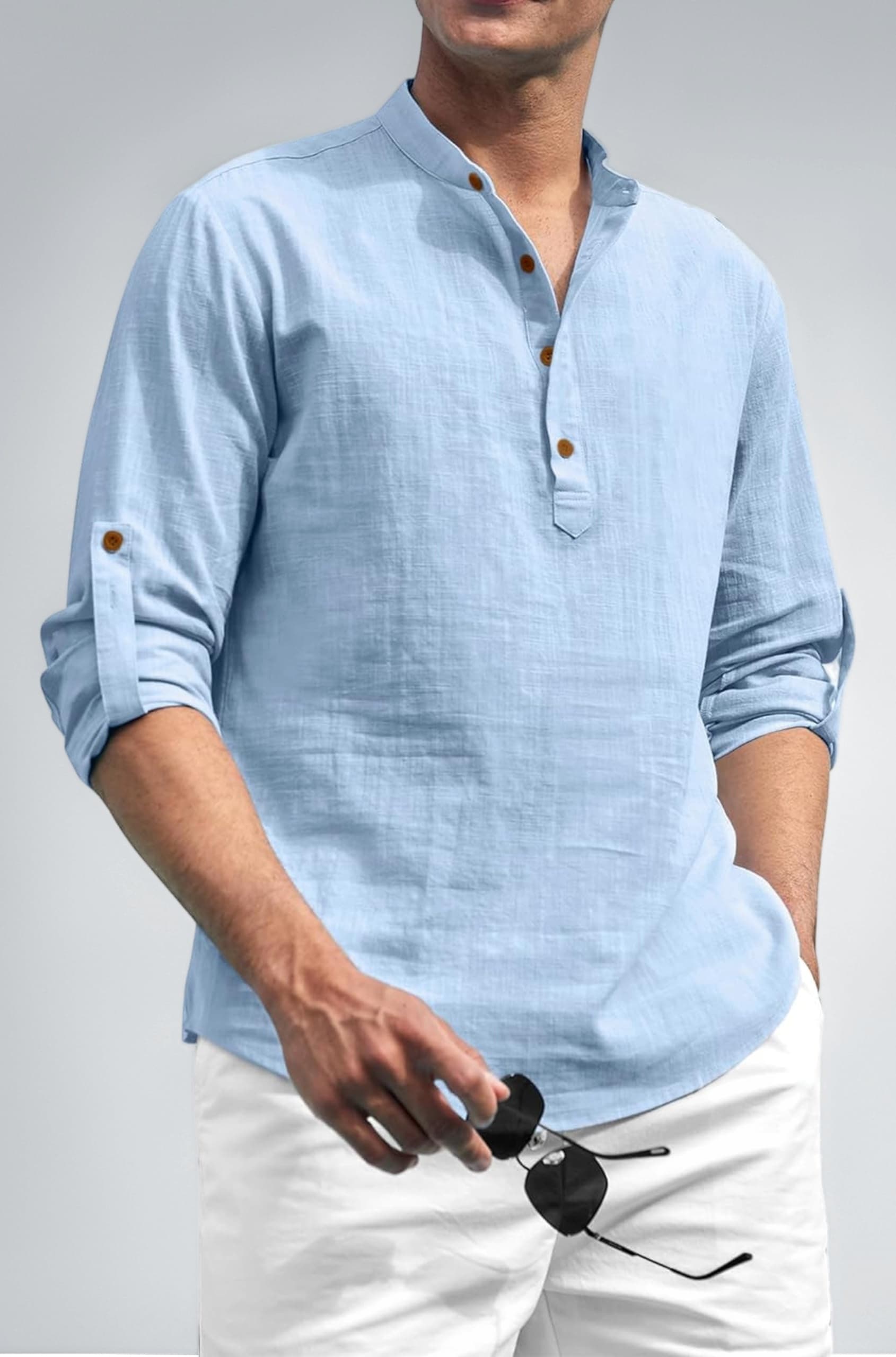 Cotton Polyester Blend Solid Casual Regular Fit Mandarin/Chinese Collor Short Kurta for Men