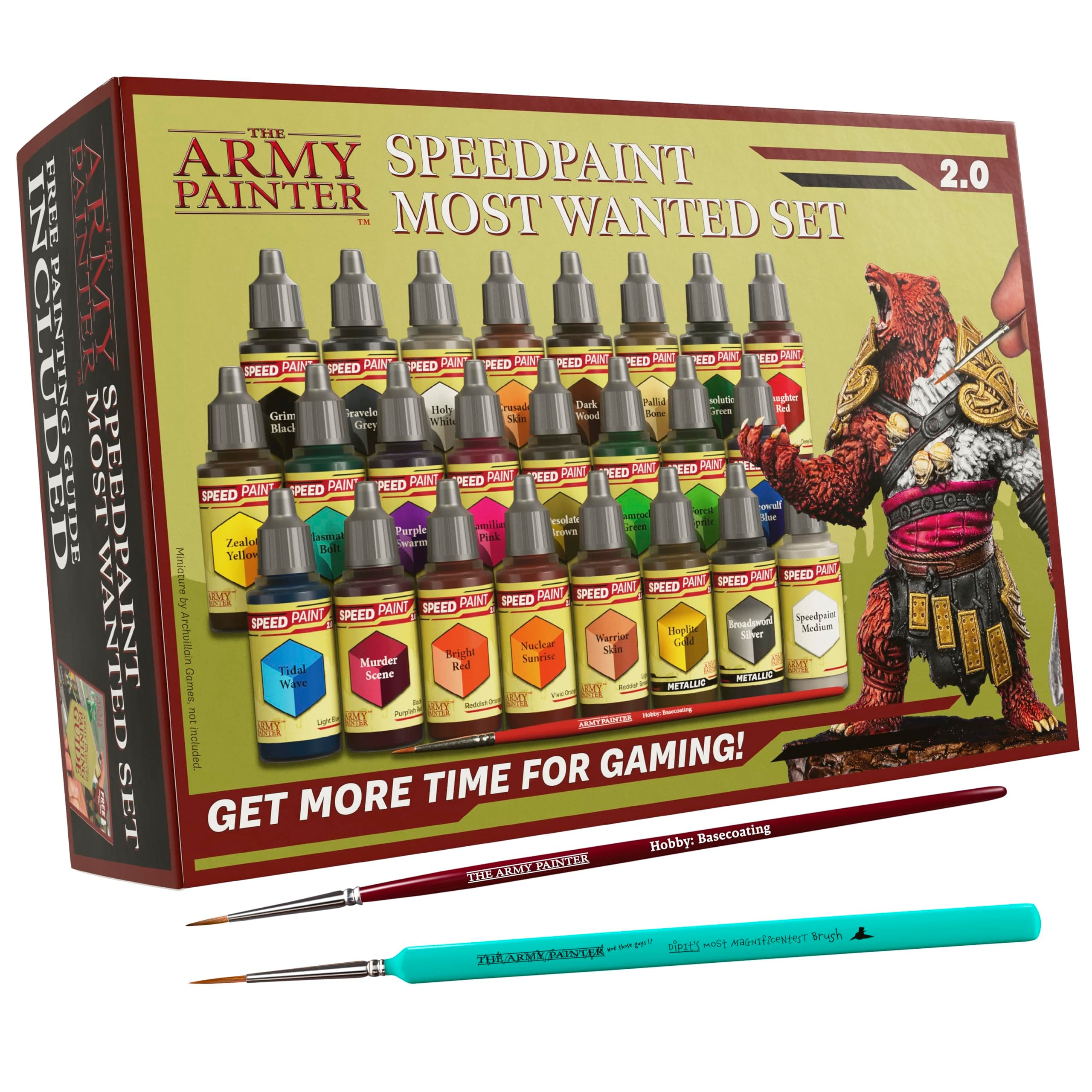 The Army Painter Speedpaint 2.0 Most Wanted Paint Set Combo, Acrylic Contrast Paint Set with 24 Dropper Bottles of 18ml and 2 brushes, For Miniature Painting