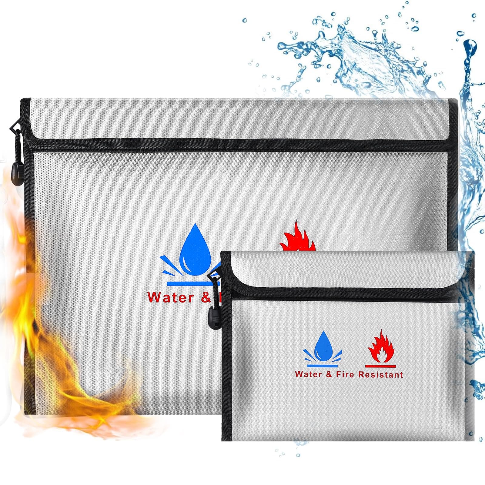 Fireproof Document Bag，Fireproof Money Safe Document Bag 15 x11 & 9x7 Inches Set Non-Itchy Silicone Coated Fire Resistant Bag Fireproof Safe Storage for Money, Documents, Jewelry and Passport
