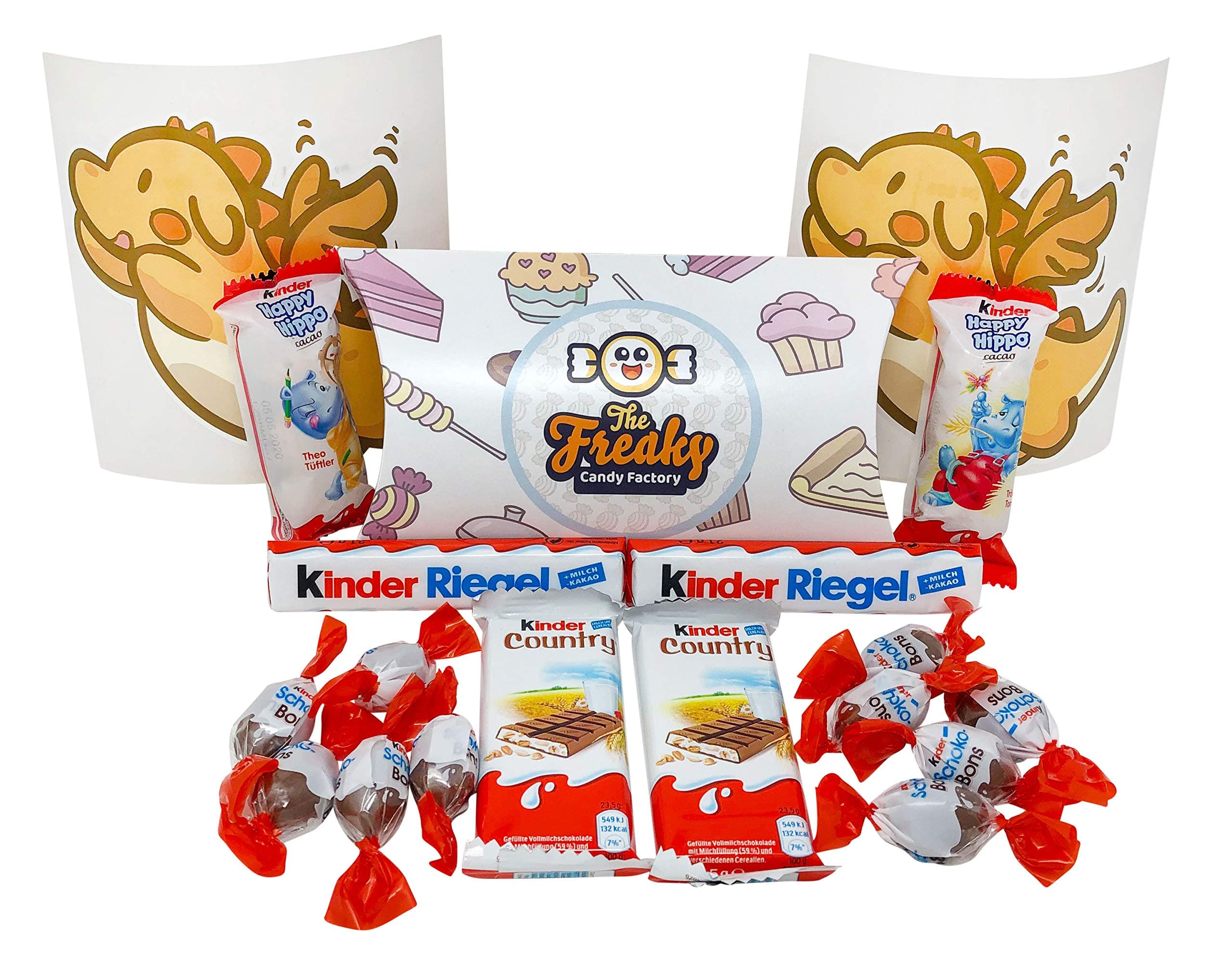 Ferrero Kinder Assorted Chocolates Gift Box Pouch (18-Pack) Classic German Candy | Riegel, Country, Happy Hippo and Schoko-Bons | 2 Baby Dragon Stickers